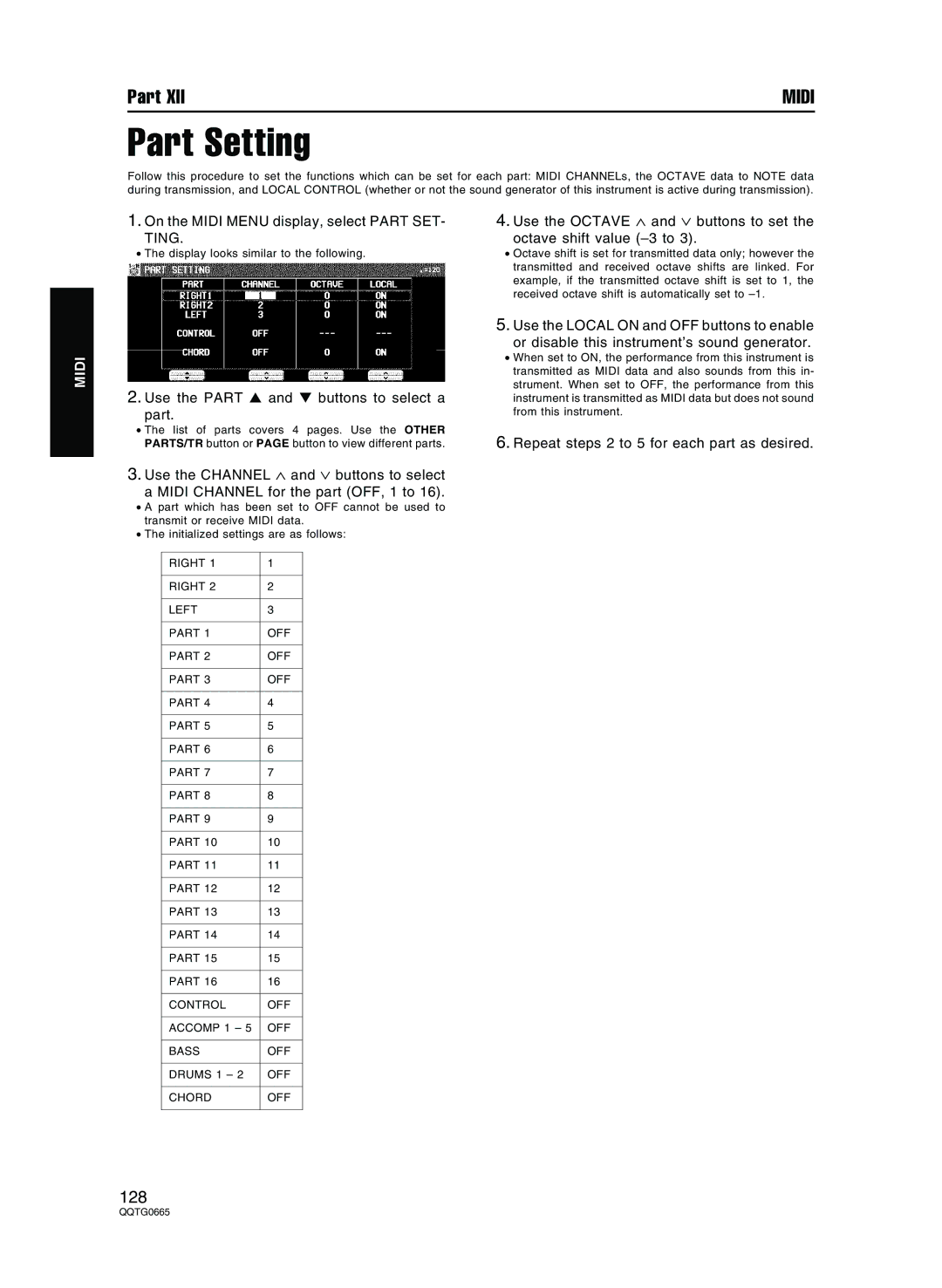 Technics sx-PR604/M, sx-PR804/M On the Midi Menu display, select Part SET, Ting, Use the Part and buttons to select a 