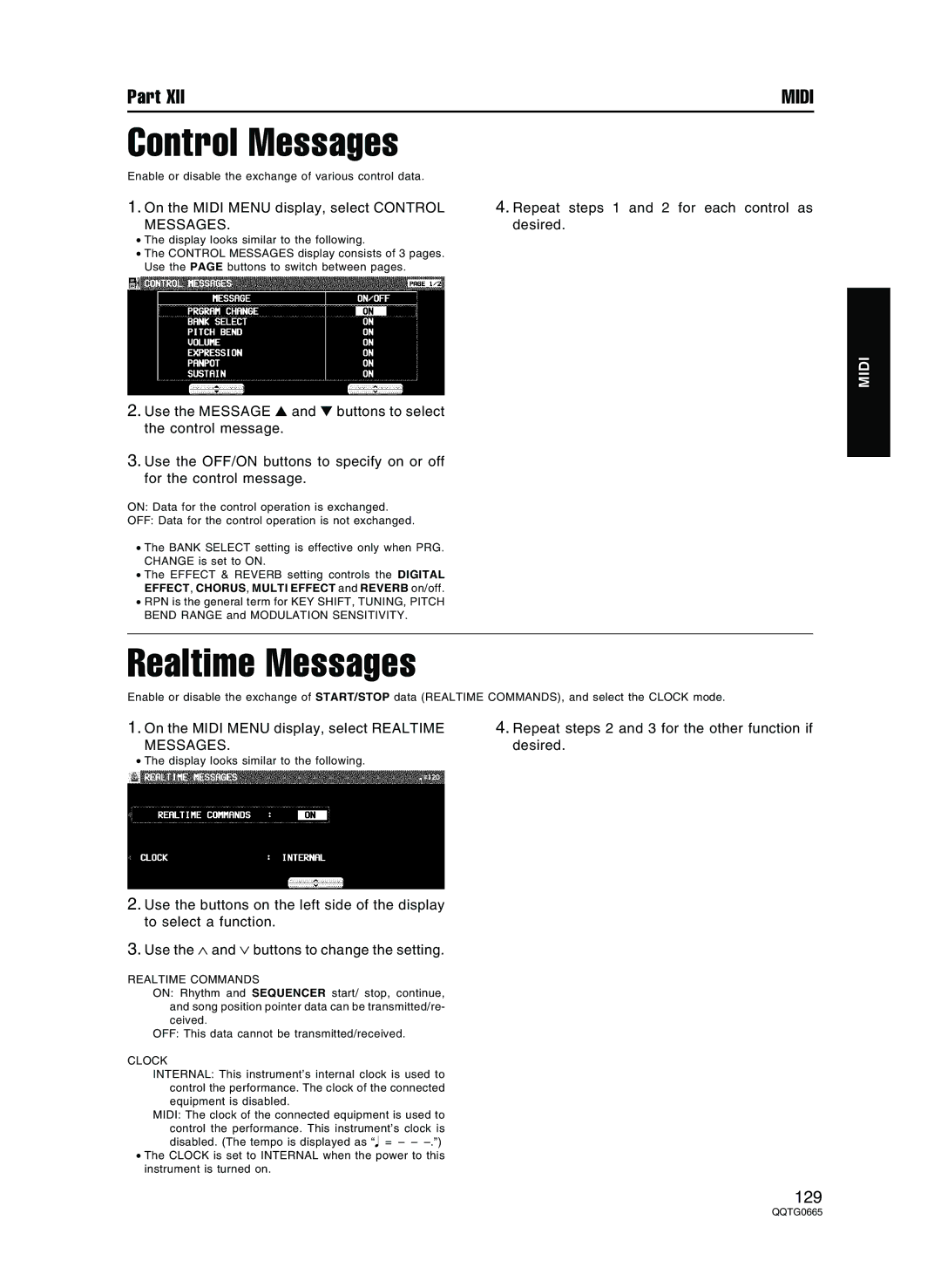 Technics sx-PR804/M, sx-PR604/M Control Messages, Realtime Messages, On the Midi Menu display, select Realtime 