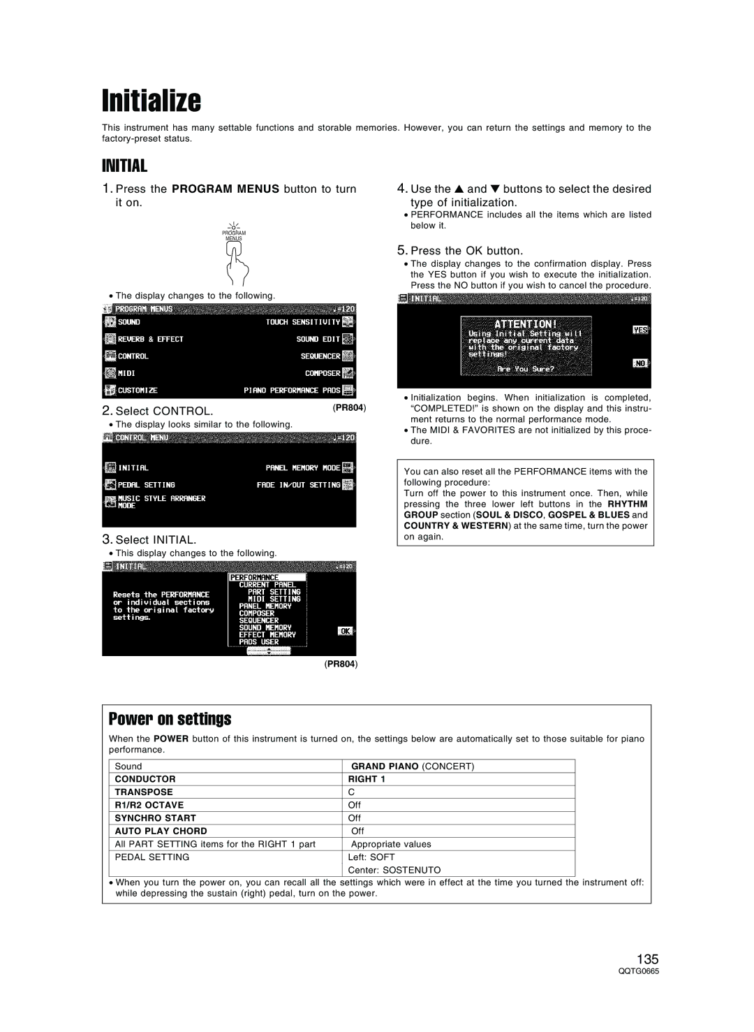 Technics sx-PR804/M, sx-PR604/M operating instructions Initialize, Power on settings, Select Initial, Pedal Setting 