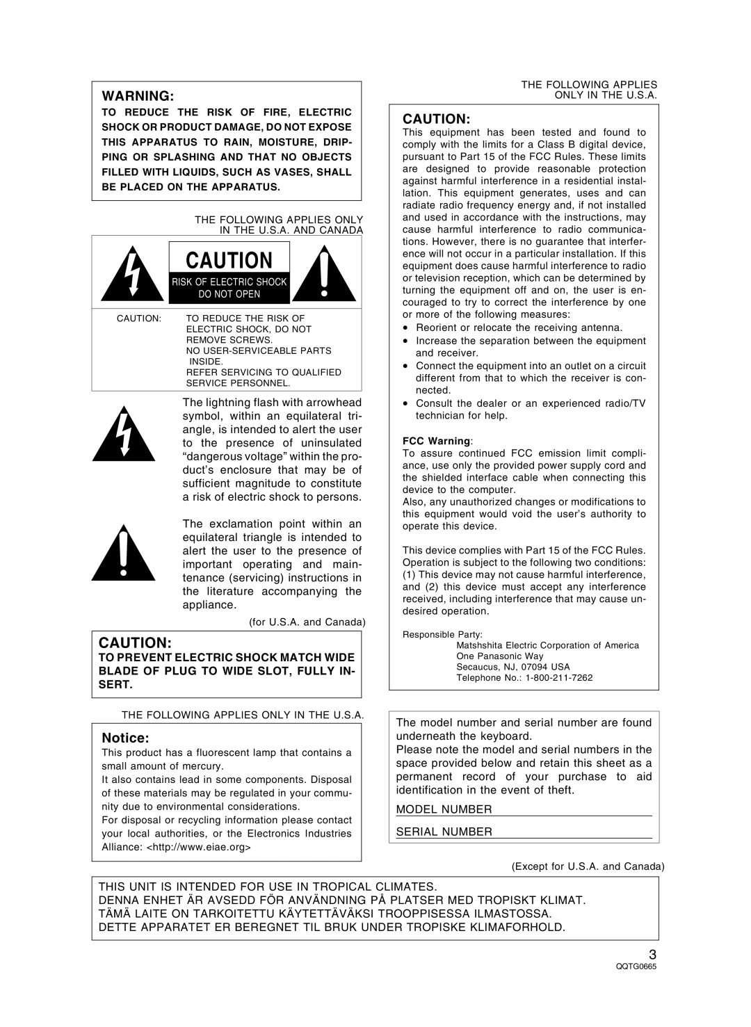 Technics sx-PR804/M, sx-PR604/M operating instructions Model Number Serial Number 