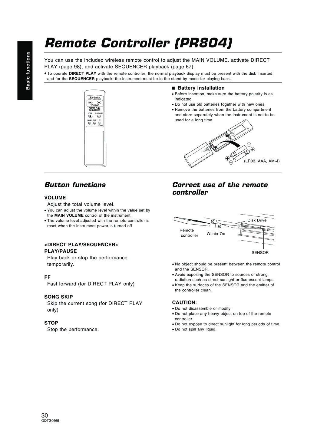 Technics sx-PR604/M, sx-PR804/M Remote Controller PR804, Volume, Direct PLAY/SEQUENCER PLAY/PAUSE, Song Skip, Stop 