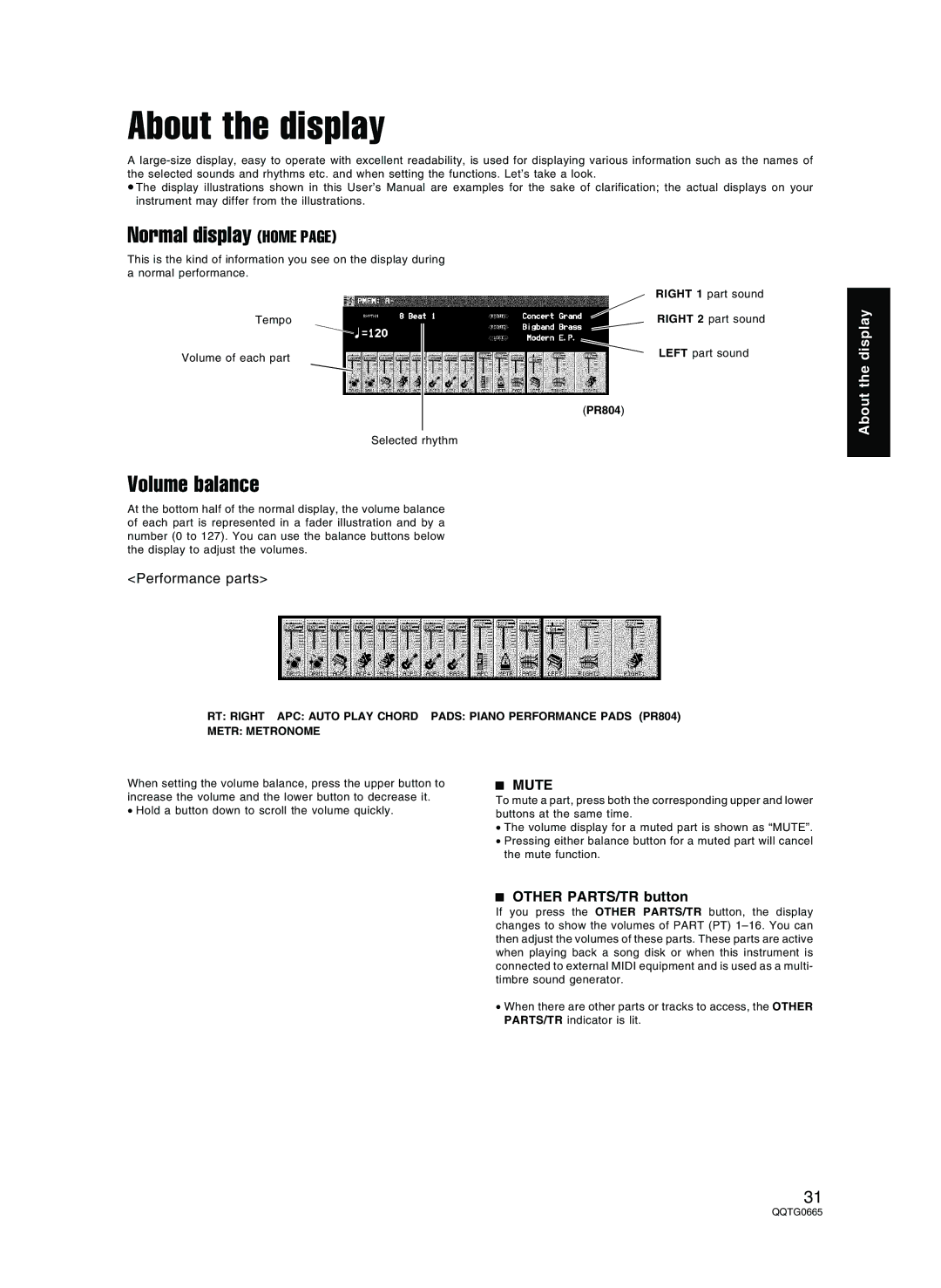 Technics sx-PR804/M, sx-PR604/M About the display, Normal display Home, Volume balance, Mute, Other PARTS/TR button 