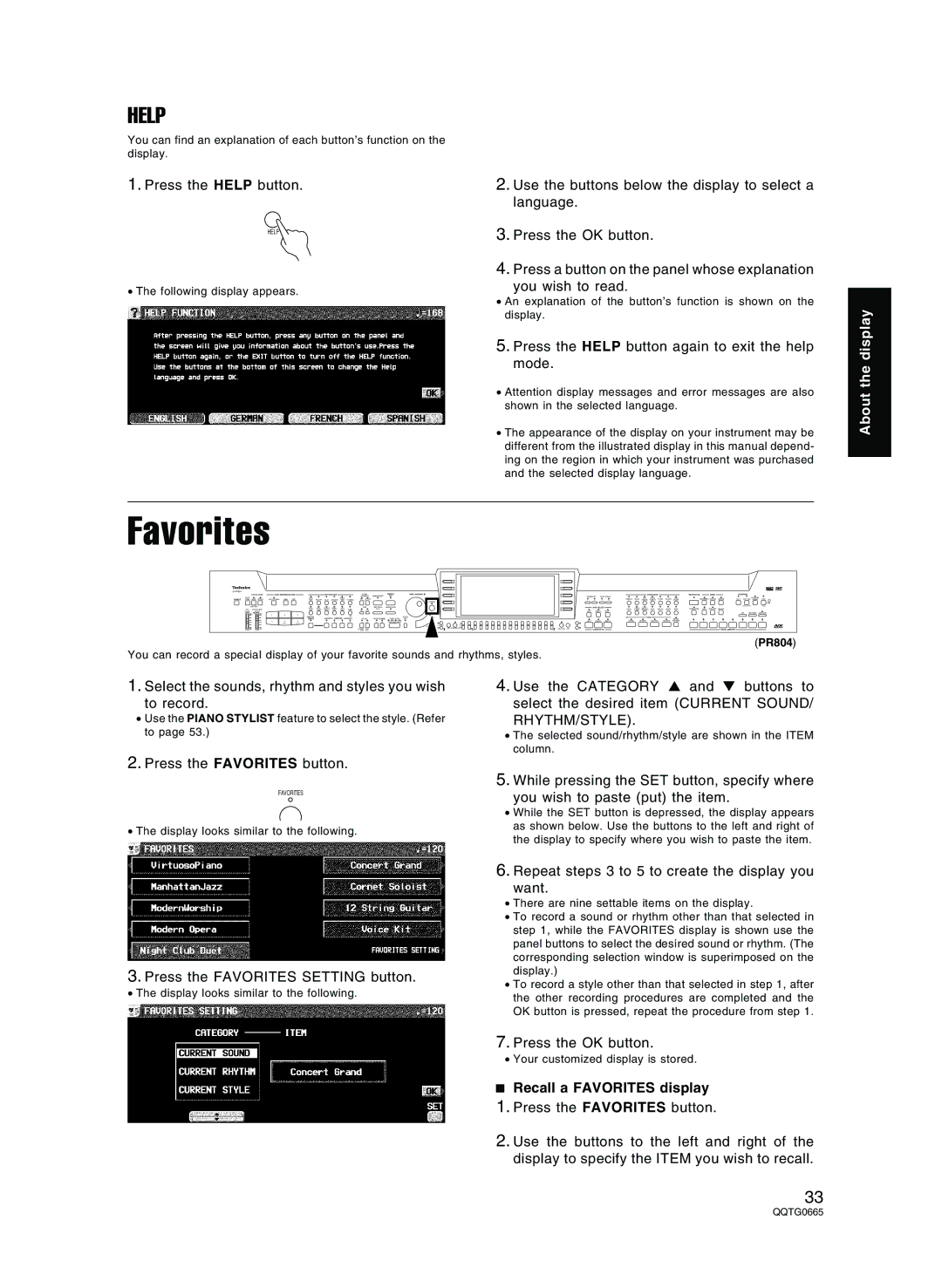 Technics sx-PR804/M, sx-PR604/M operating instructions Help, Rhythm/Style, Recall a Favorites display 