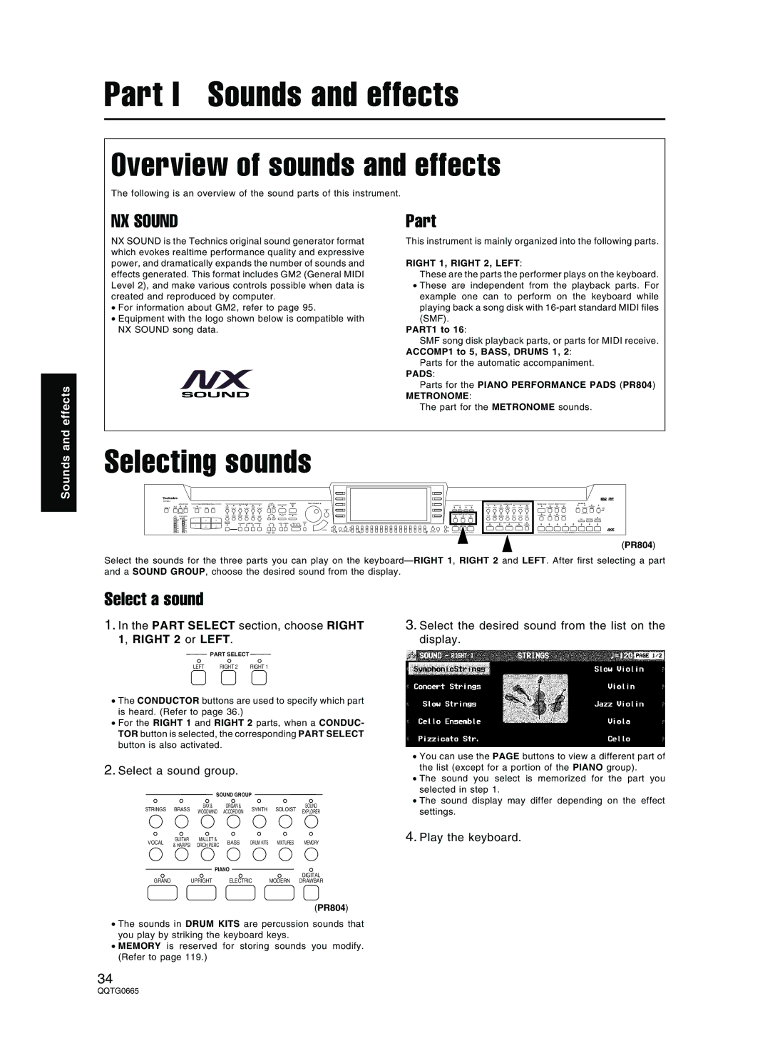 Technics sx-PR604/M, sx-PR804/M Overview of sounds and effects, Selecting sounds, NX Sound, Part, Select a sound 