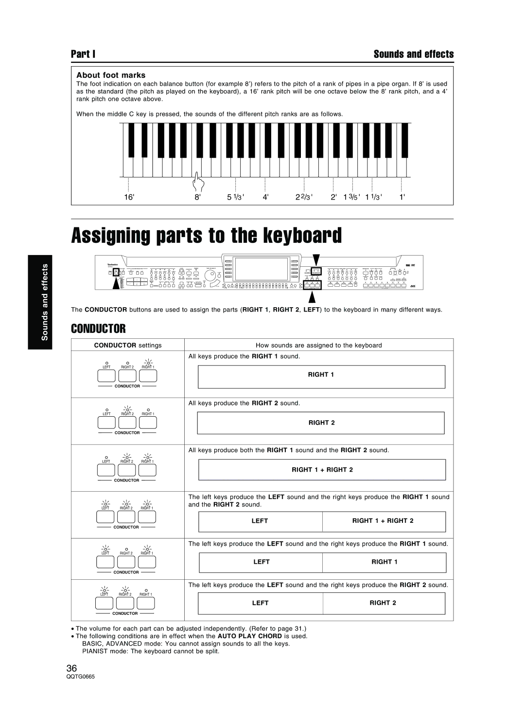 Technics sx-PR604/M, sx-PR804/M operating instructions Assigning parts to the keyboard, Conductor, About foot marks 