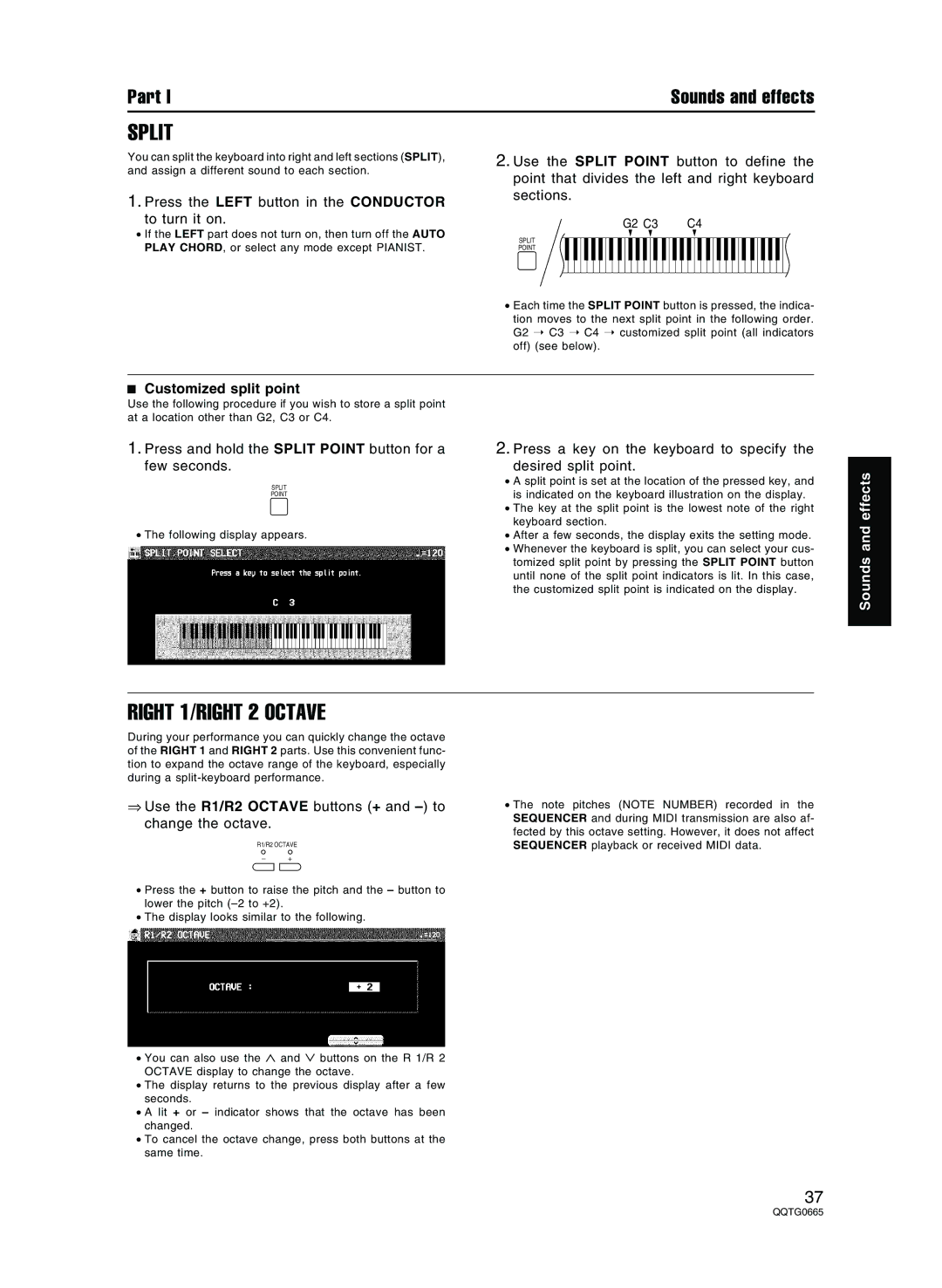 Technics sx-PR804/M, sx-PR604/M operating instructions Split, Right 1/RIGHT 2 Octave, Customized split point 