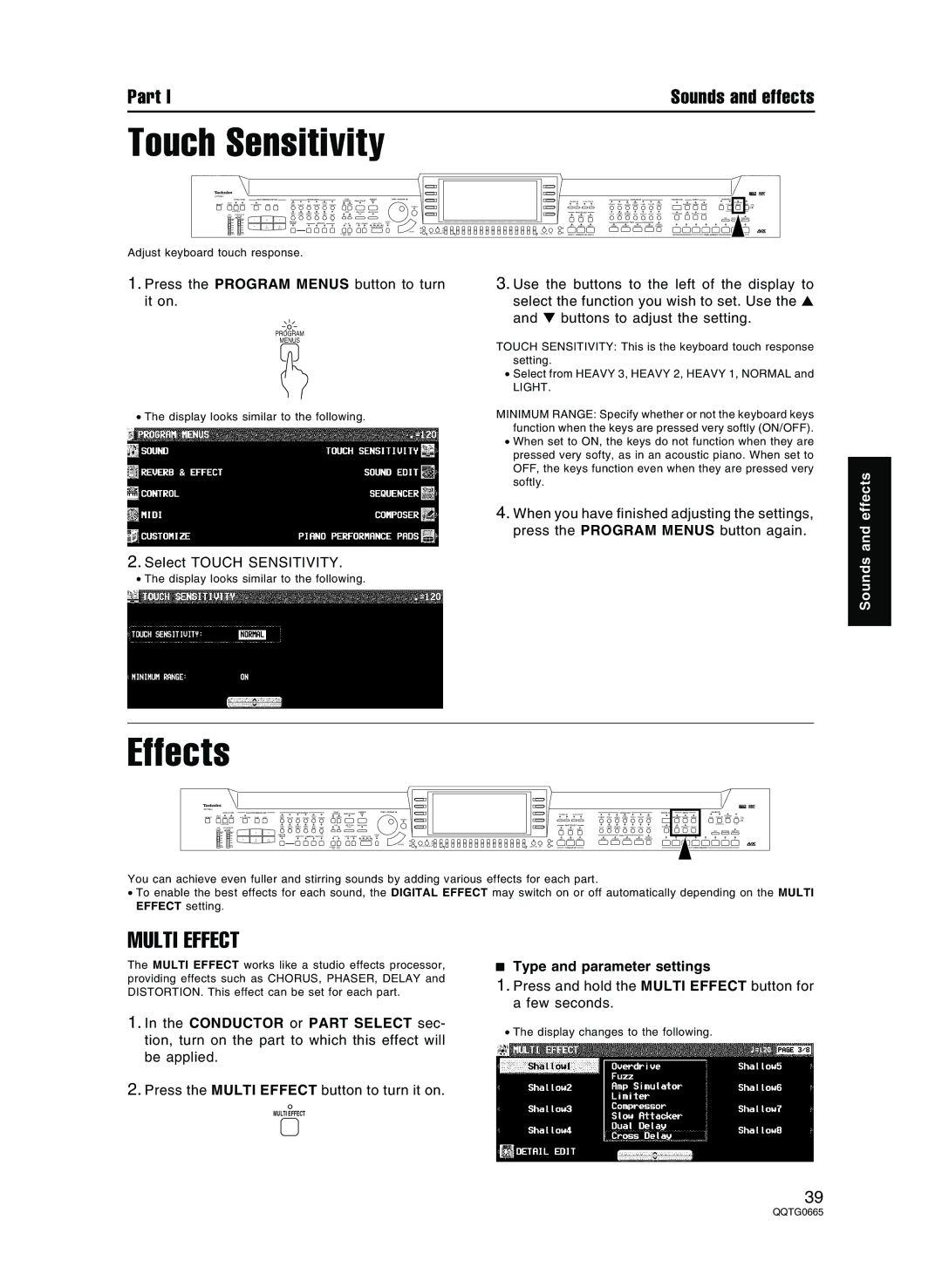 Technics sx-PR804/M, sx-PR604/M operating instructions Touch Sensitivity, Effects, Multi Effect, Type and parameter settings 