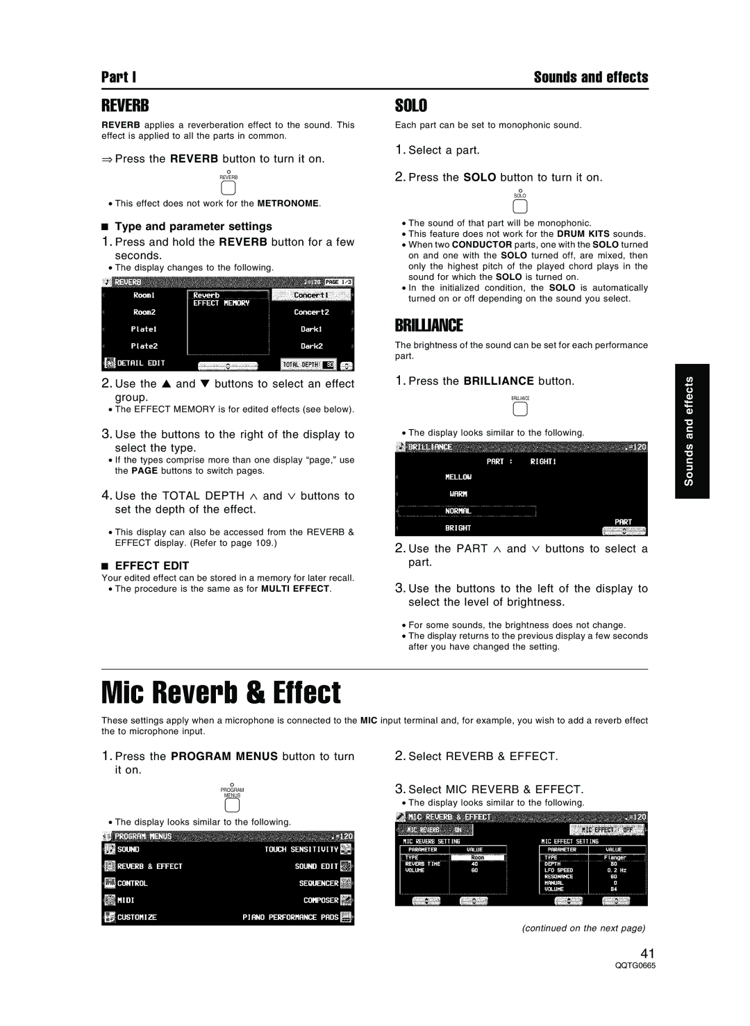 Technics sx-PR804/M, sx-PR604/M operating instructions Mic Reverb & Effect, Reverb Solo, Brilliance 