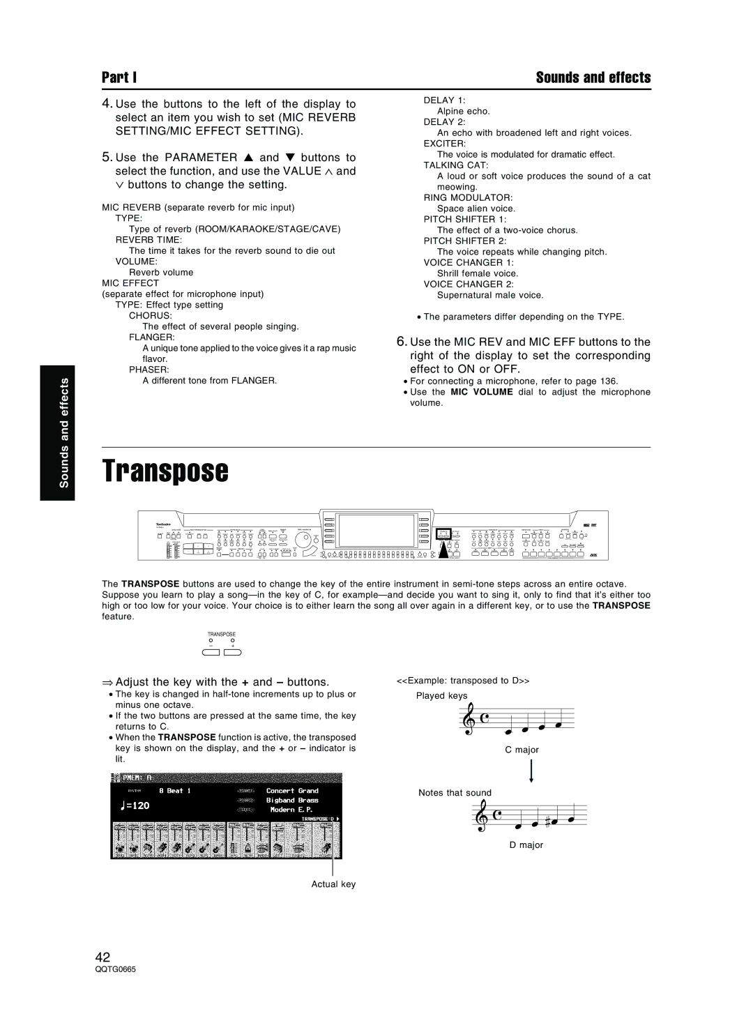 Technics sx-PR604/M, sx-PR804/M operating instructions Transpose, ⇒ Adjust the key with the + and buttons 