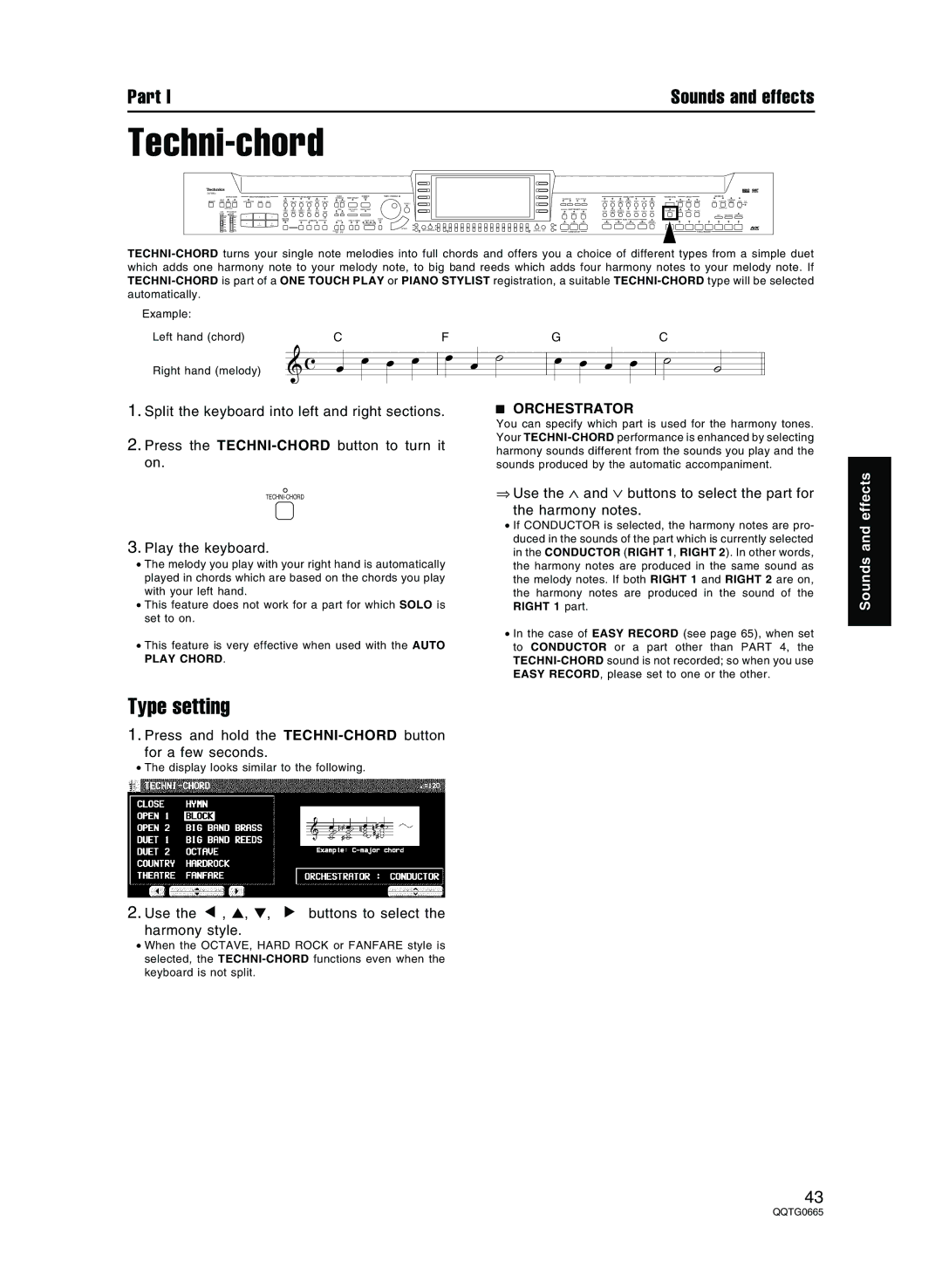 Technics sx-PR804/M Techni-chord, Type setting, Orchestrator, Press and hold the TECHNI-CHORDbutton For a few seconds 