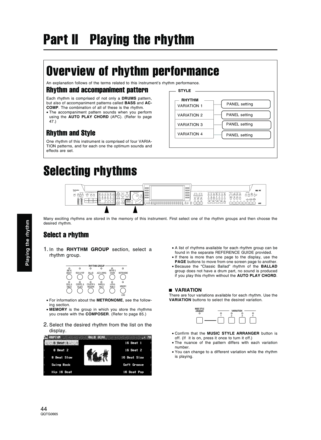 Technics sx-PR604/M Overview of rhythm performance, Selecting rhythms, Rhythm and accompaniment pattern, Rhythm and Style 