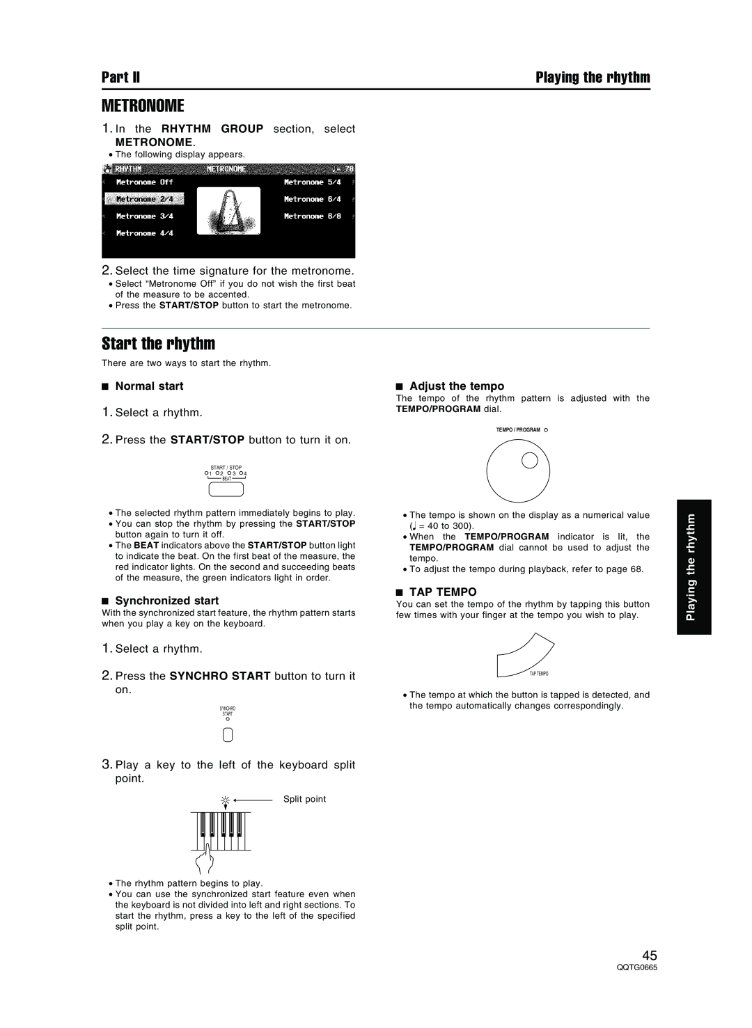 Technics sx-PR804/M, sx-PR604/M operating instructions Metronome, Start the rhythm, TAP Tempo 