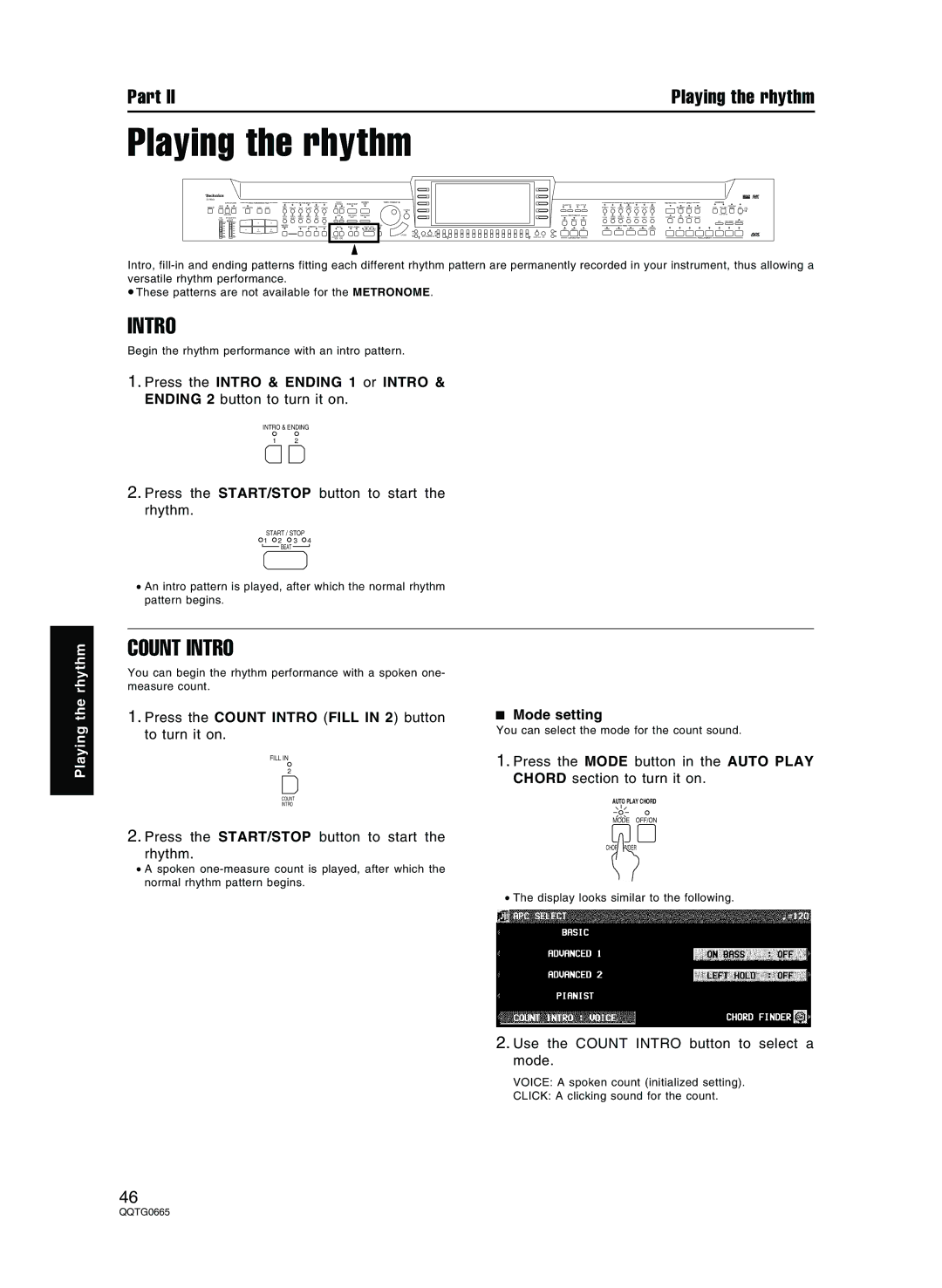 Technics sx-PR604/M, sx-PR804/M operating instructions Playing the rhythm, Count Intro, Mode setting 