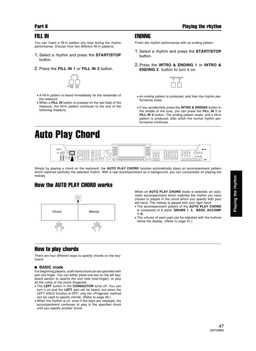 Technics sx-PR804/M, sx-PR604/M Fill Ending, How the Auto Play Chord works, How to play chords, Basic mode 