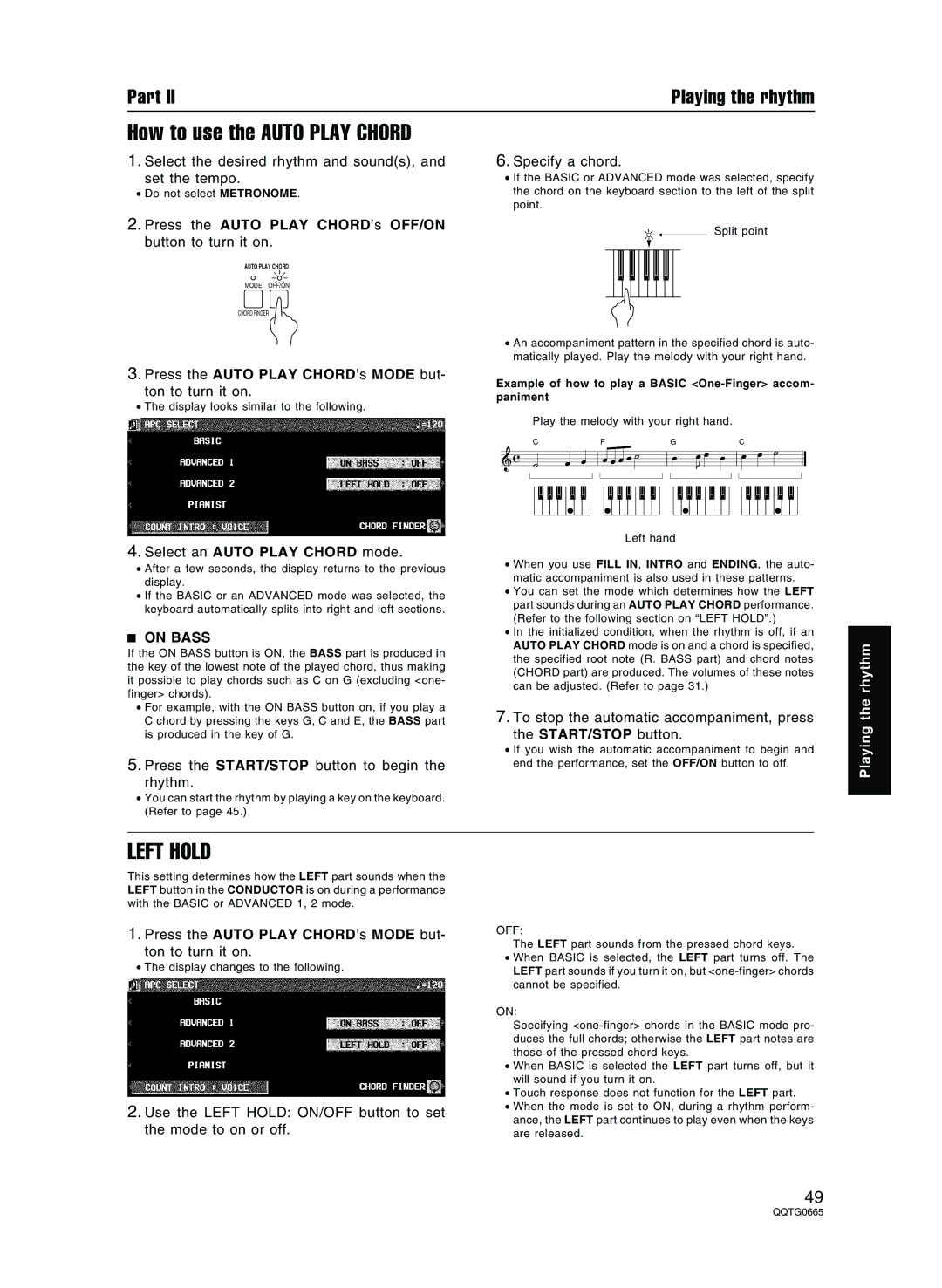 Technics sx-PR804/M, sx-PR604/M operating instructions How to use the Auto Play Chord, Left Hold, On Bass 