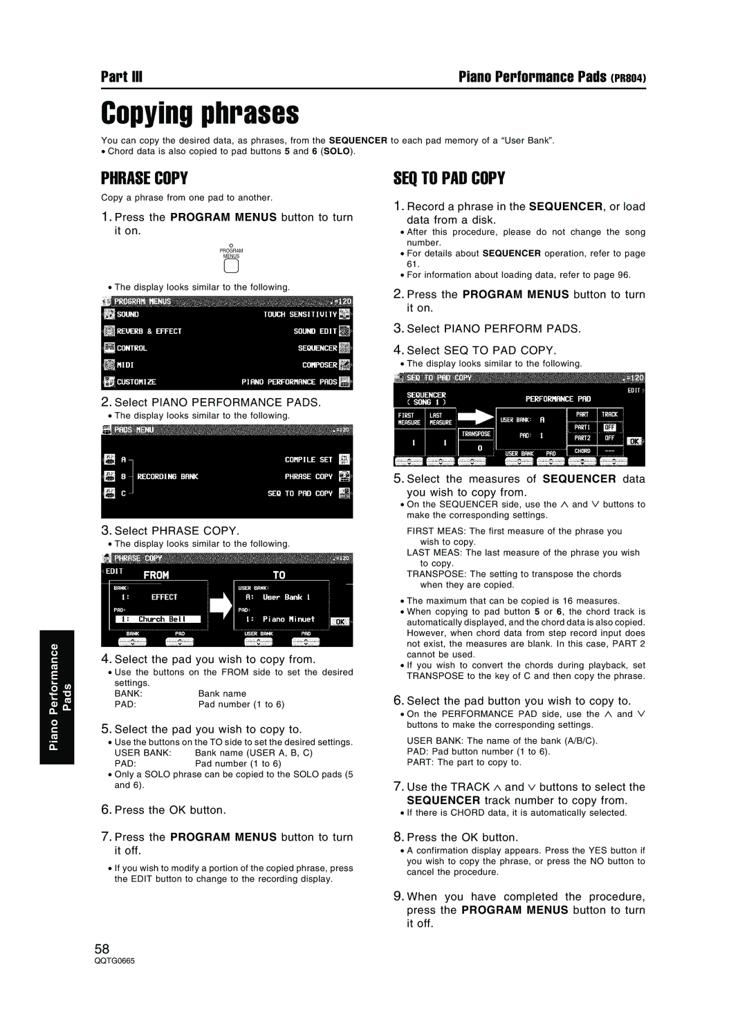 Technics sx-PR604/M, sx-PR804/M operating instructions Copying phrases, Phrase Copy, SEQ to PAD Copy 