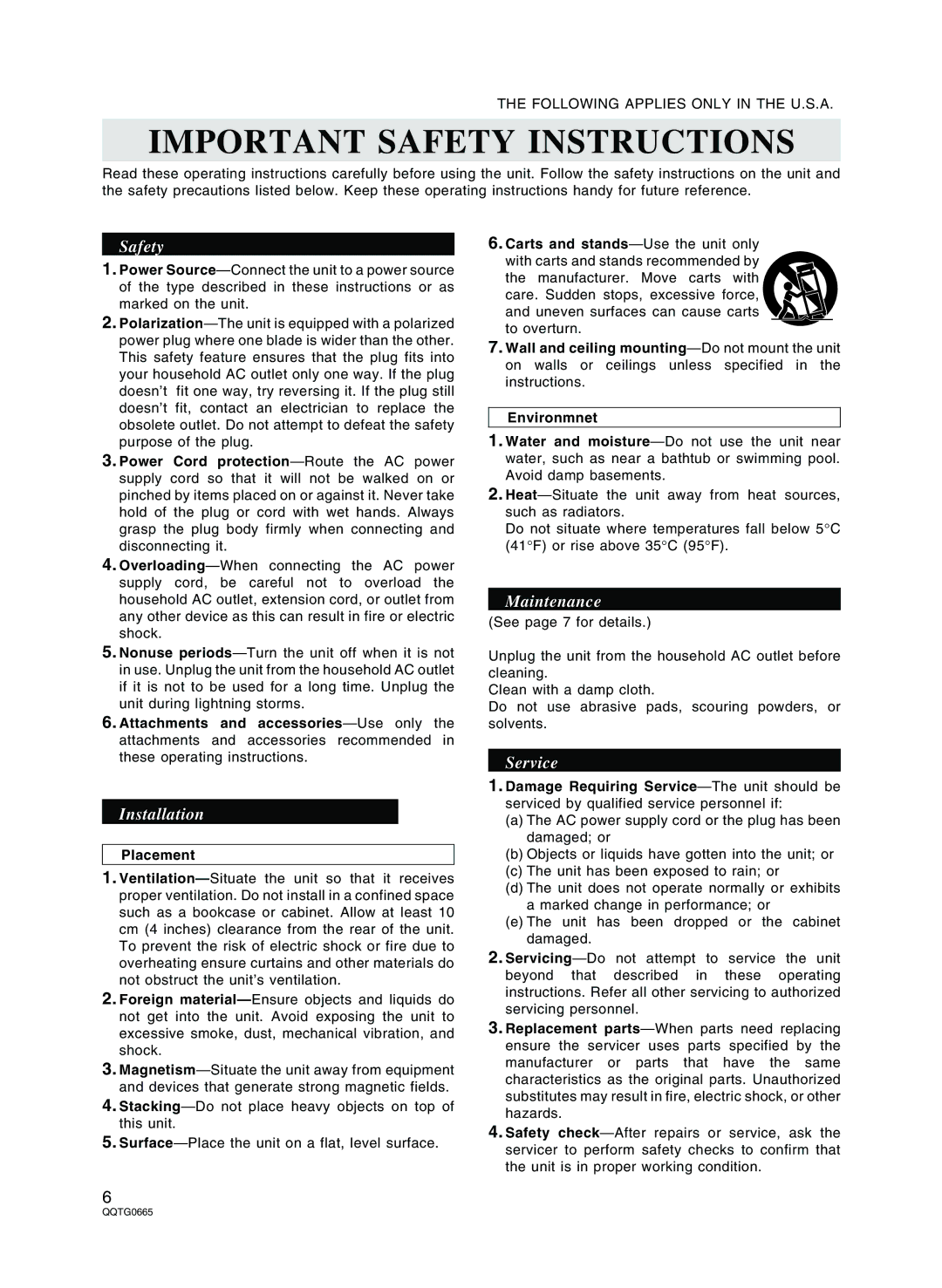 Technics sx-PR604/M, sx-PR804/M operating instructions Following Applies only in the U.S.A, Placement 