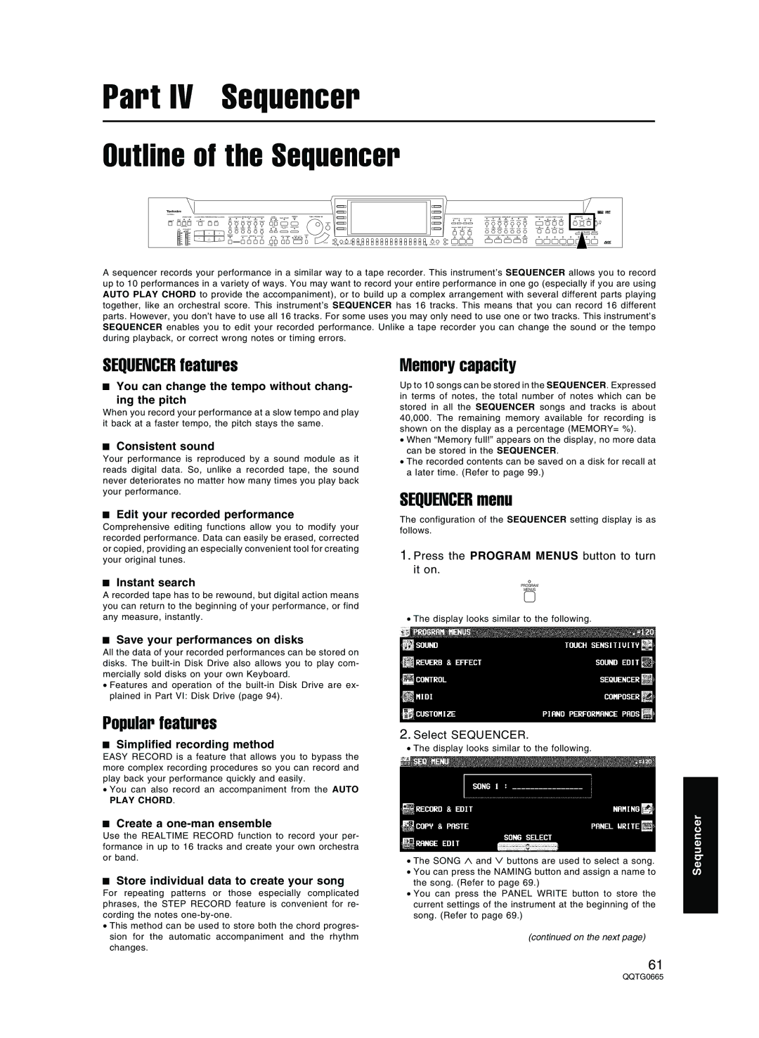 Technics sx-PR804/M Outline of the Sequencer, Sequencer features, Memory capacity, Sequencer menu, Popular features 