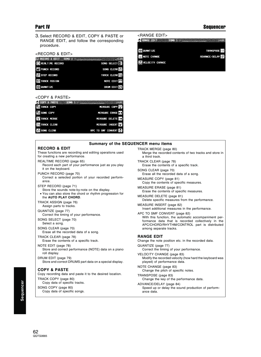 Technics sx-PR604/M, sx-PR804/M Summary of the Sequencer menu items, Record & Edit, Copy & Paste, Range Edit 