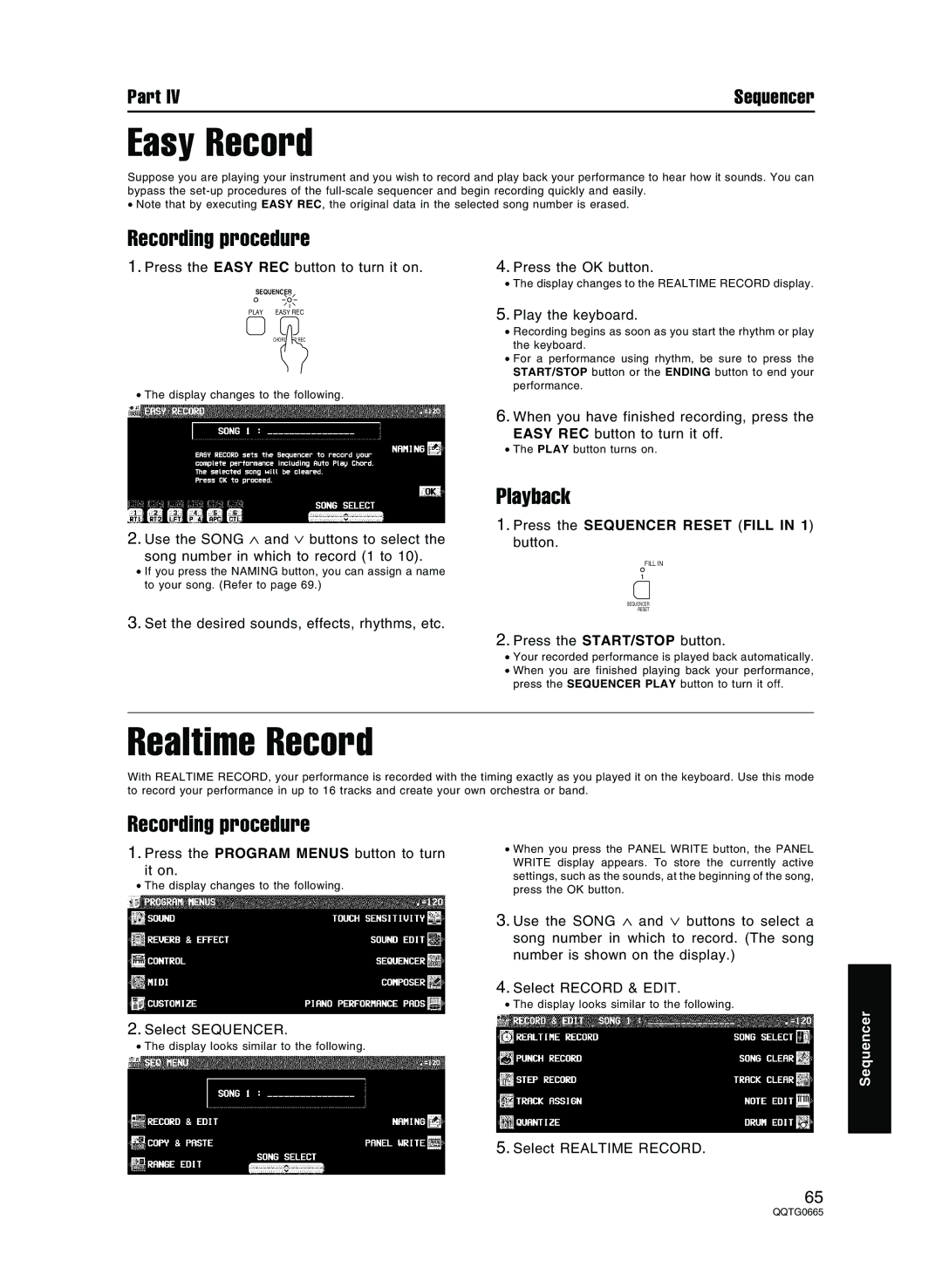 Technics sx-PR804/M, sx-PR604/M operating instructions Easy Record, Realtime Record, Recording procedure, Playback 