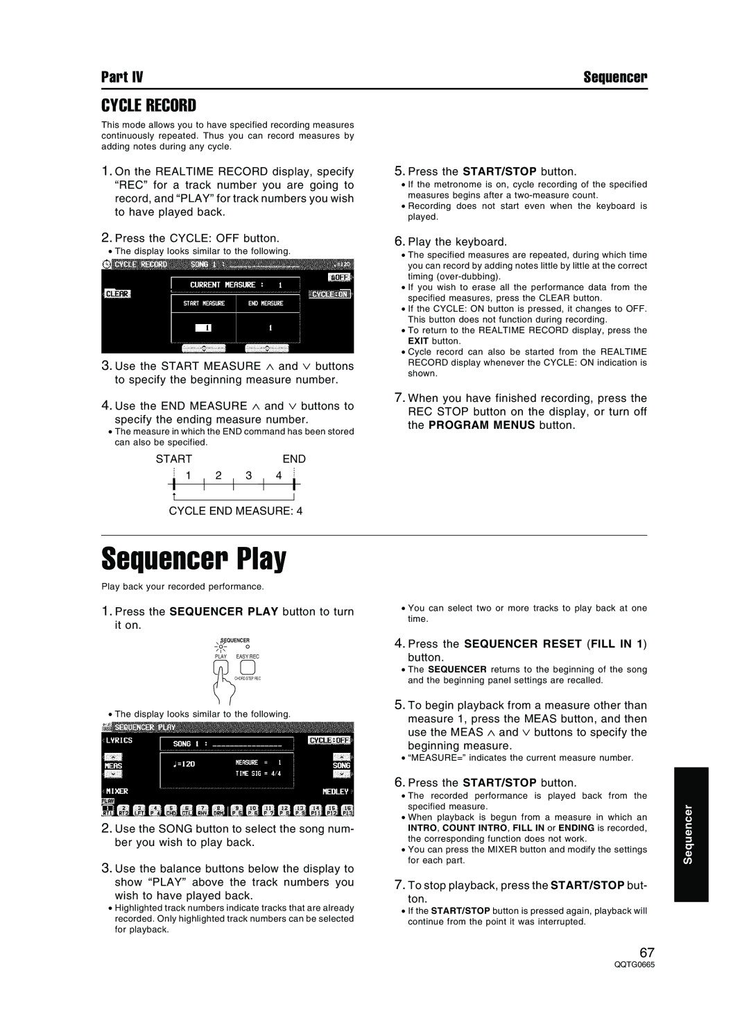 Technics sx-PR804/M, sx-PR604/M operating instructions Sequencer Play, Cycle Record, Start END Cycle END Measure 