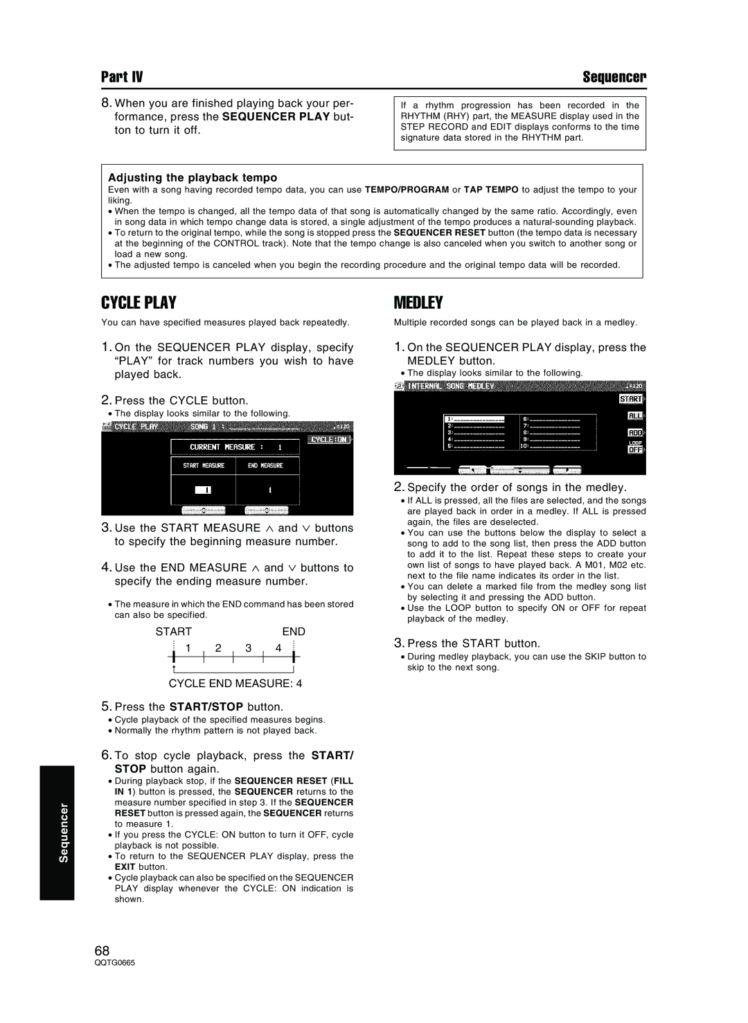 Technics sx-PR604/M, sx-PR804/M operating instructions Cycle Play, Medley, Adjusting the playback tempo 