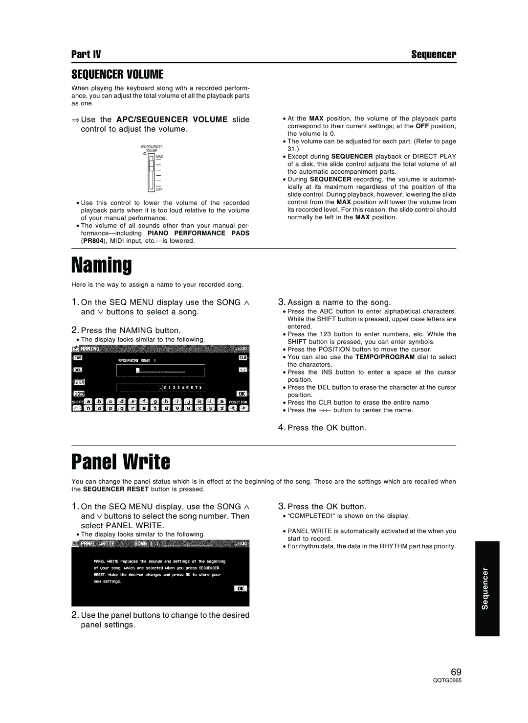 Technics sx-PR804/M, sx-PR604/M operating instructions Naming, Panel Write, Sequencer Volume, Assign a name to the song 