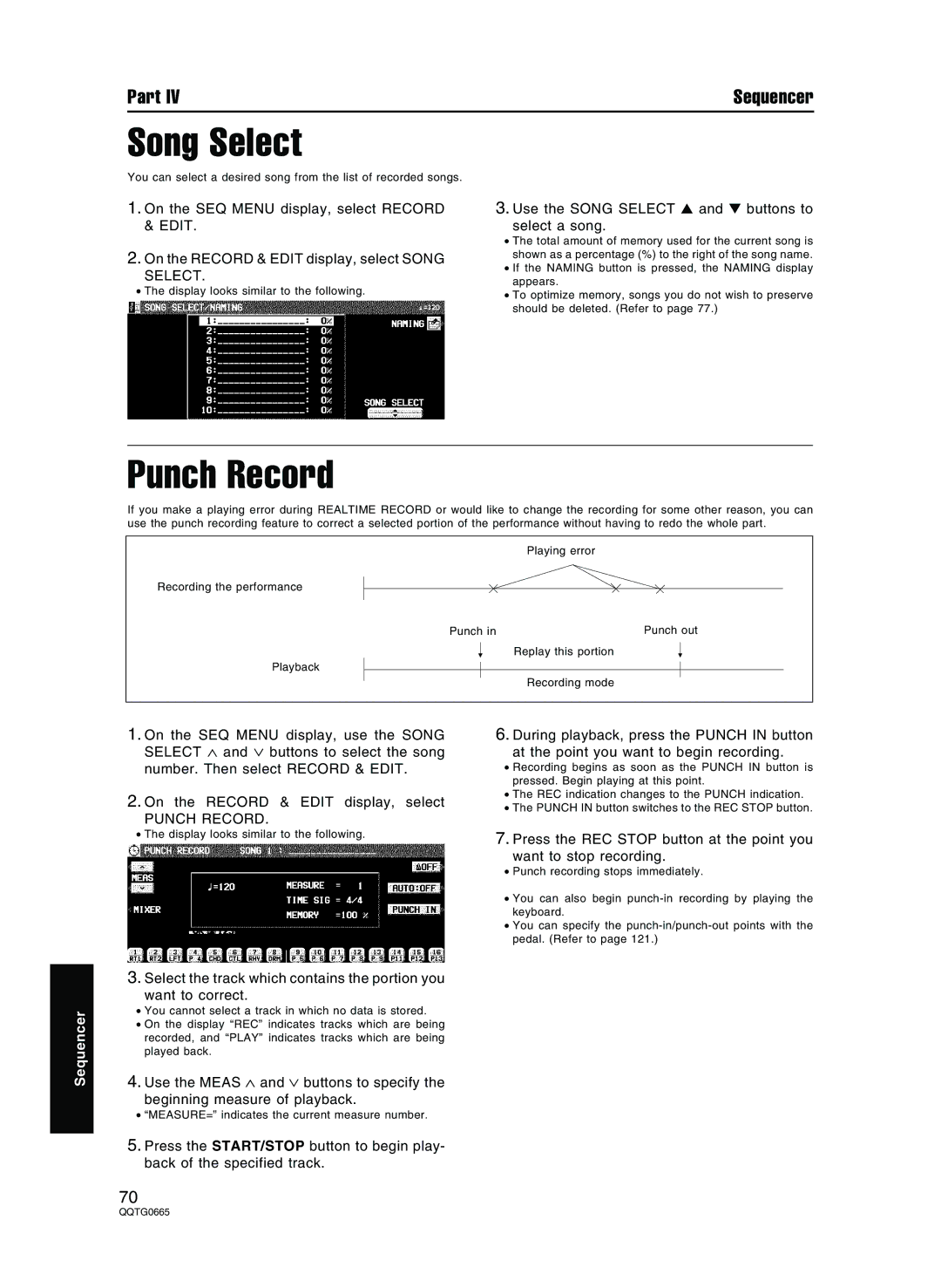 Technics sx-PR604/M, sx-PR804/M operating instructions Punch Record, Use the Song Select and buttons to Select a song 