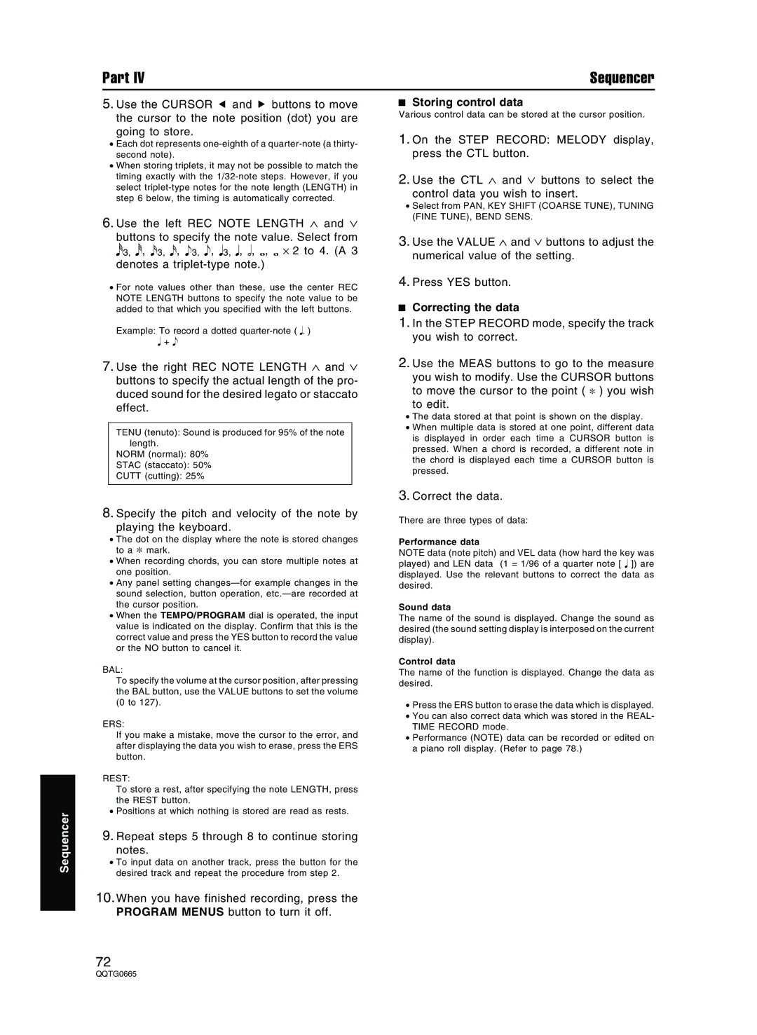 Technics sx-PR604/M Storing control data, Correcting the data, Repeat steps 5 through 8 to continue storing, Control data 