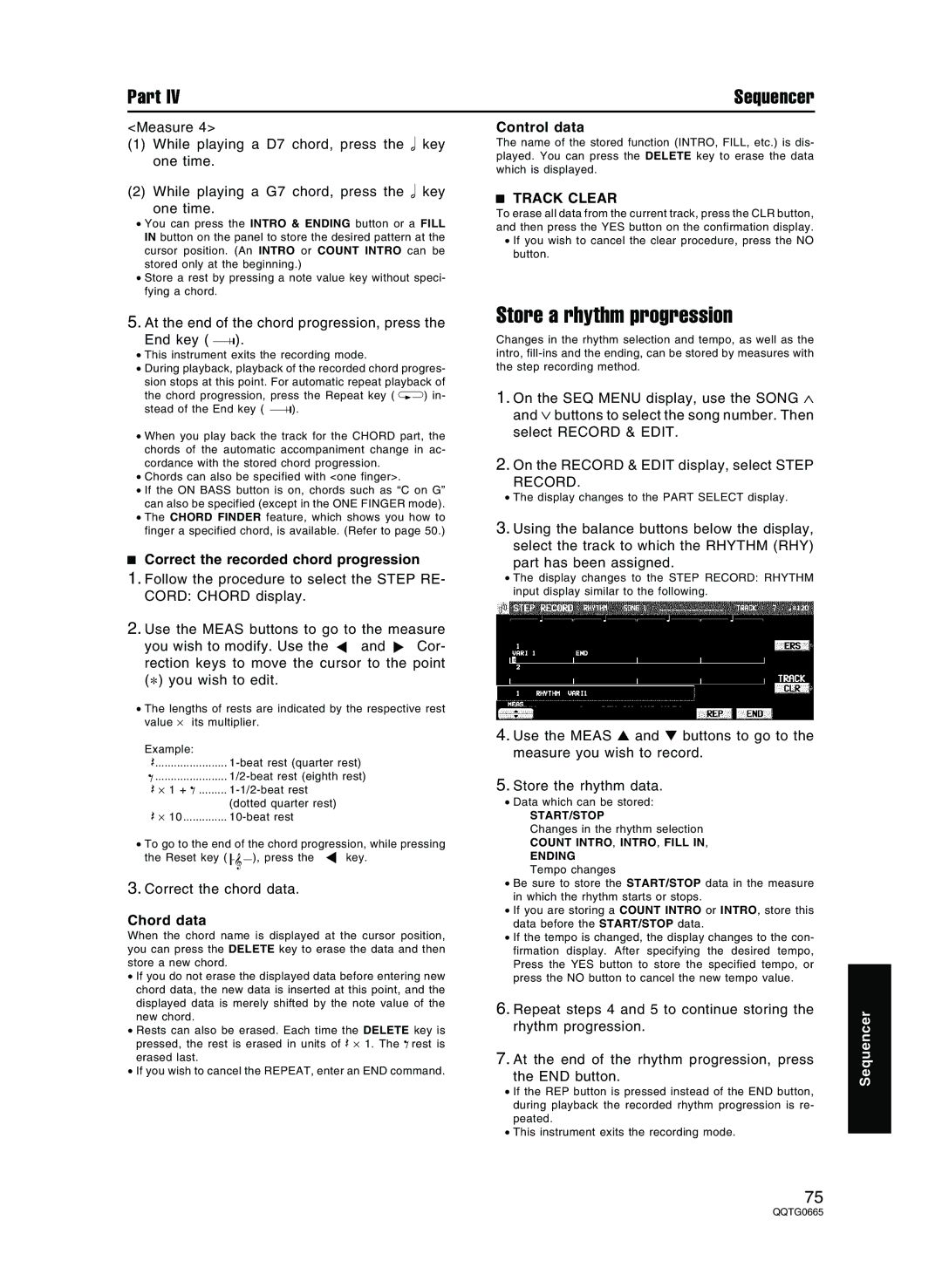 Technics sx-PR804/M Store a rhythm progression, Control data, Track Clear, Correct the recorded chord progression 