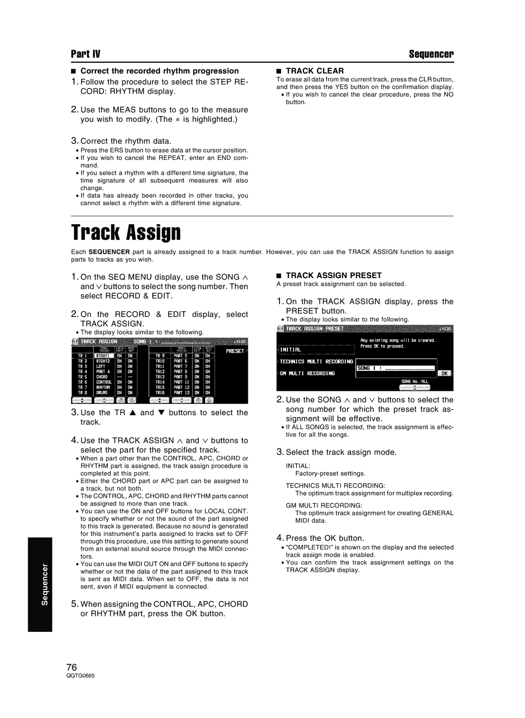 Technics sx-PR604/M, sx-PR804/M operating instructions Correct the recorded rhythm progression, Track Assign Preset 