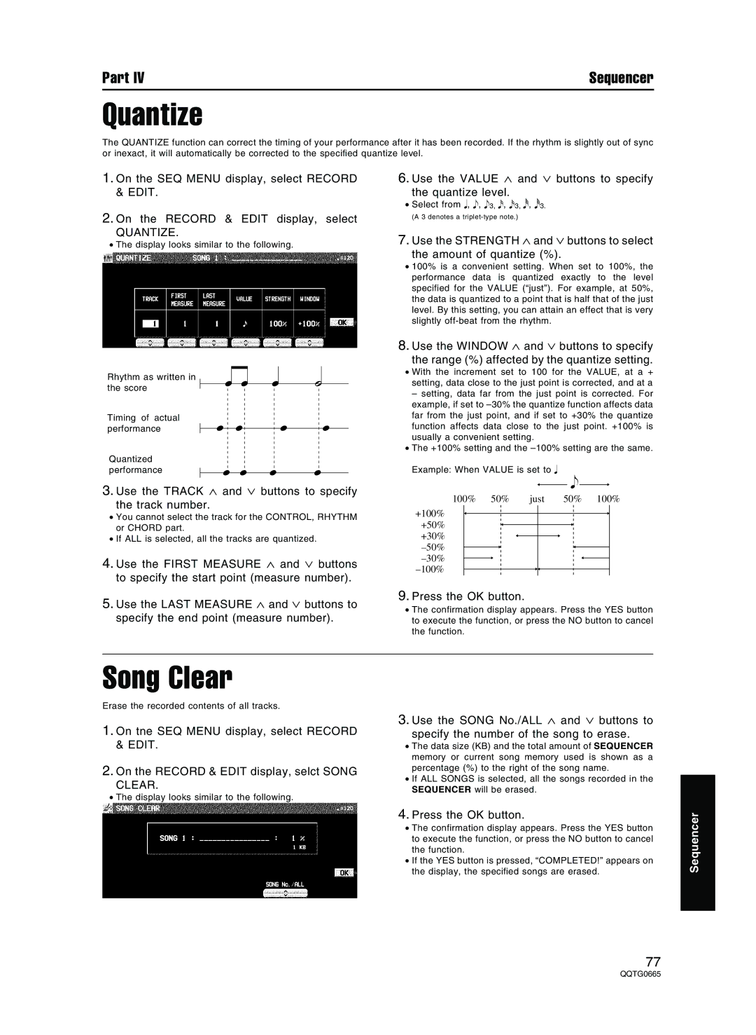 Technics sx-PR804/M, sx-PR604/M Quantize, Song Clear, Use the Track ∧ and ∨ buttons to specify Track number 