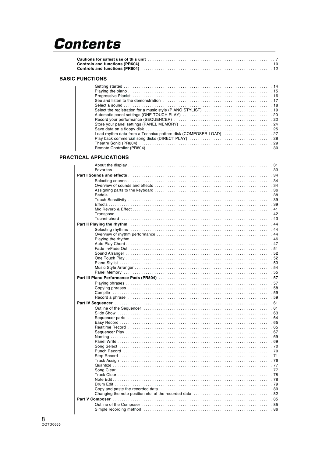 Technics sx-PR604/M, sx-PR804/M operating instructions Contents 