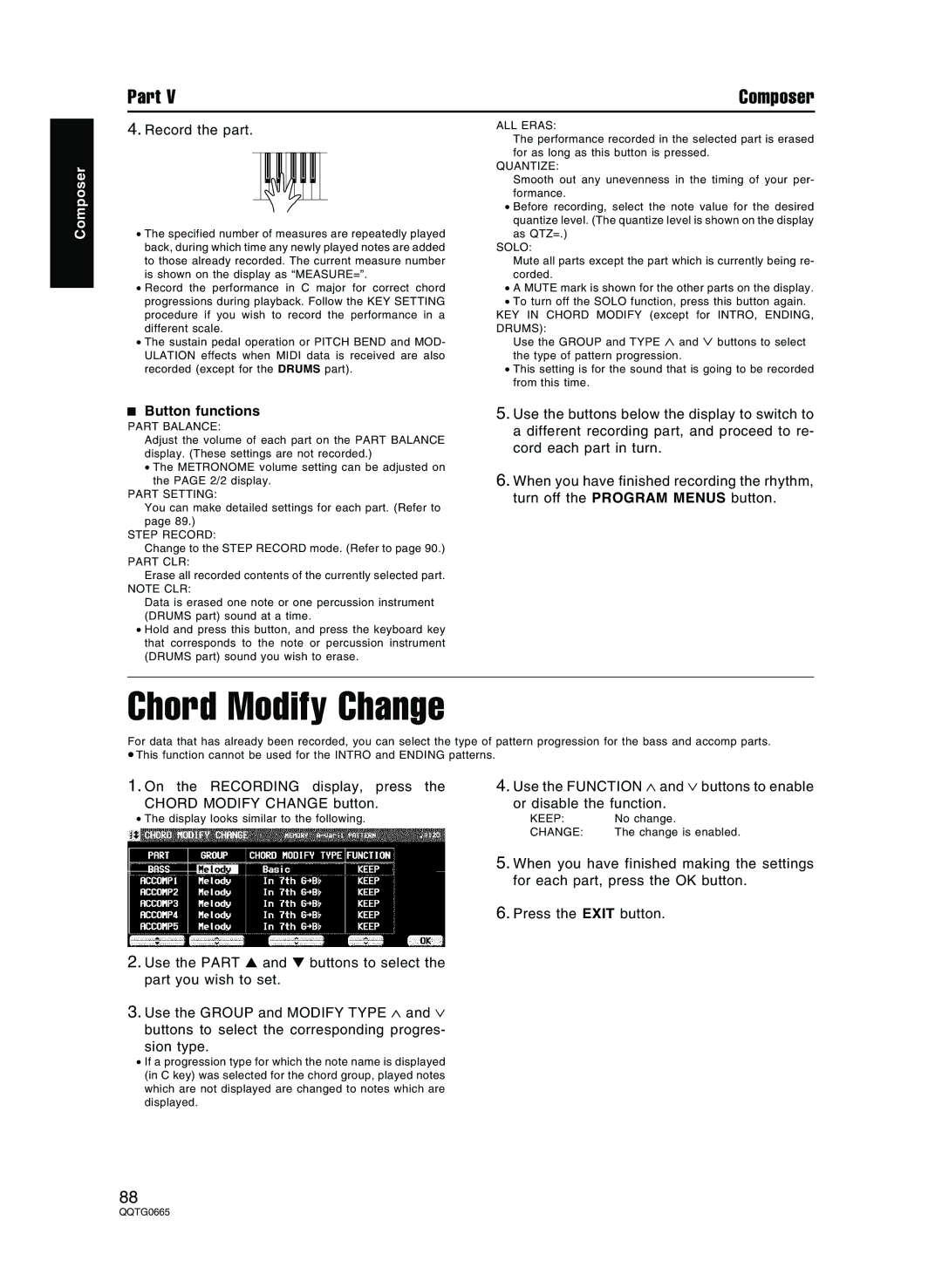 Technics sx-PR604/M, sx-PR804/M operating instructions Chord Modify Change, Record the part, Button functions 