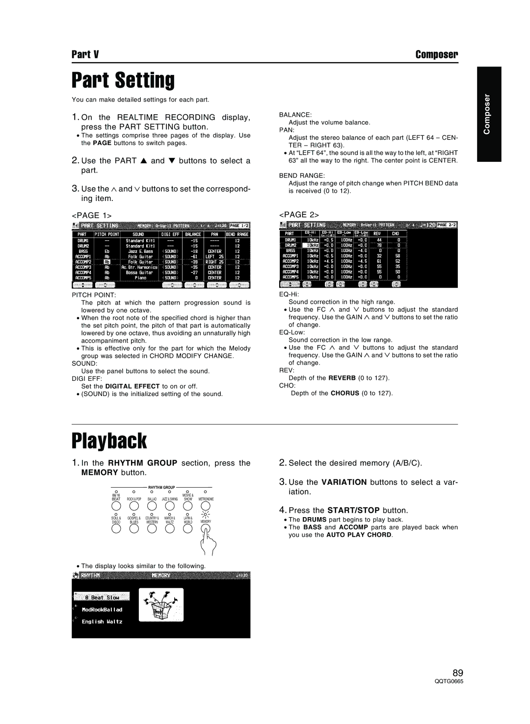 Technics sx-PR804/M, sx-PR604/M operating instructions Part Setting, Playback, Rhythm Group section, press the Memory button 