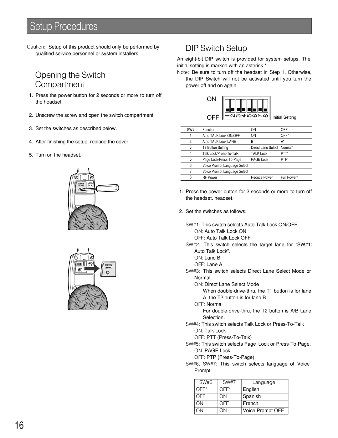 Technics WX-H3050 manual Setup Procedures, Opening the Switch Compartment, DIP Switch Setup 