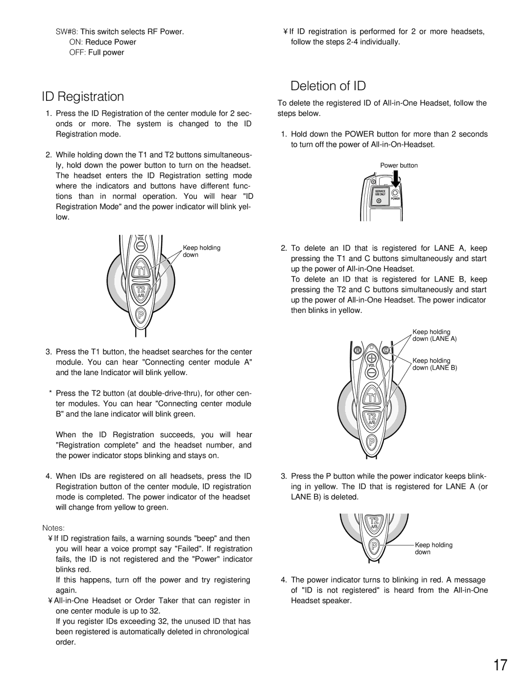 Technics WX-H3050 manual ID Registration, Deletion of ID 