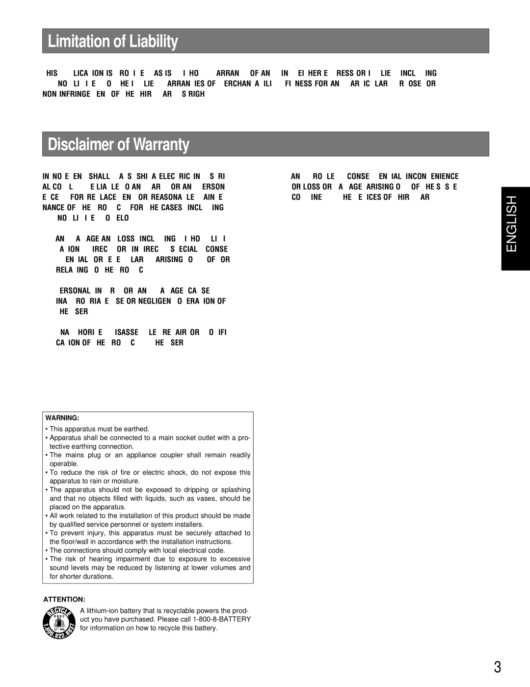 Technics WX-H3050 manual Limitation of Liability, Disclaimer of Warranty 