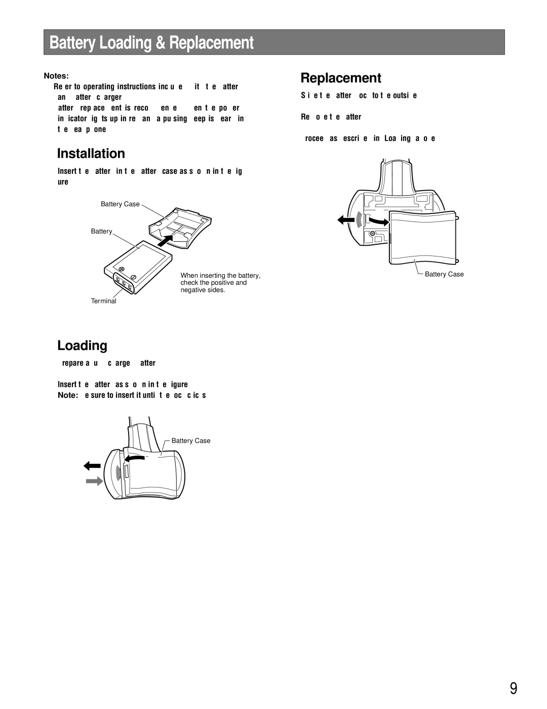 Technics WX-H3050 manual Battery Loading & Replacement, Installation 