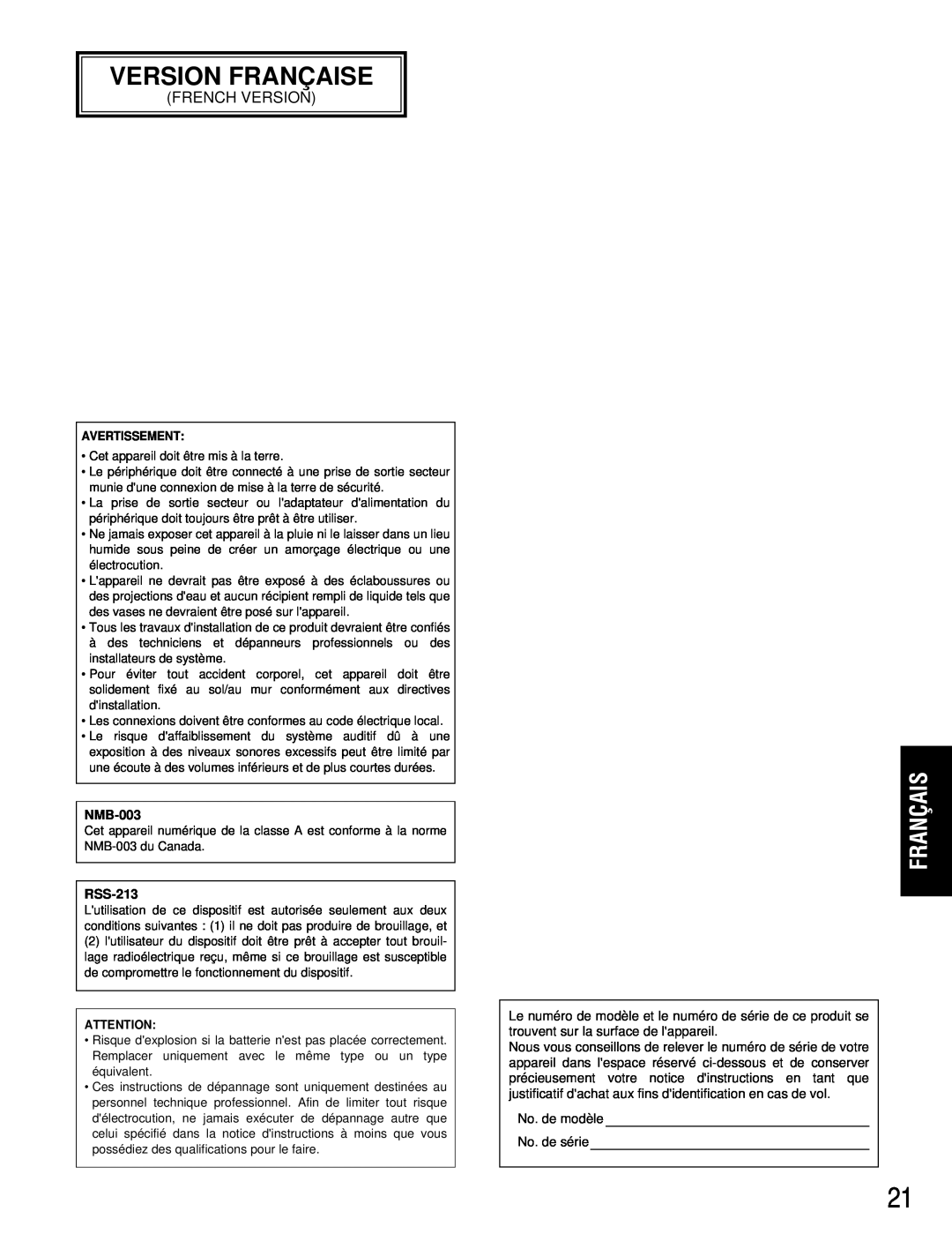 Technics WX-H3050 manual Version Française, French Version, Avertissement, NMB-003, RSS-213 