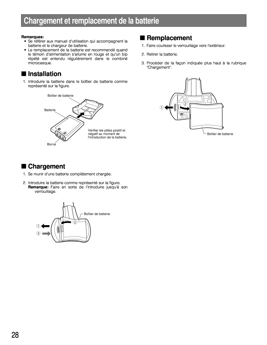 Technics WX-H3050 manual Chargement et remplacement de la batterie, Remplacement, Installation 