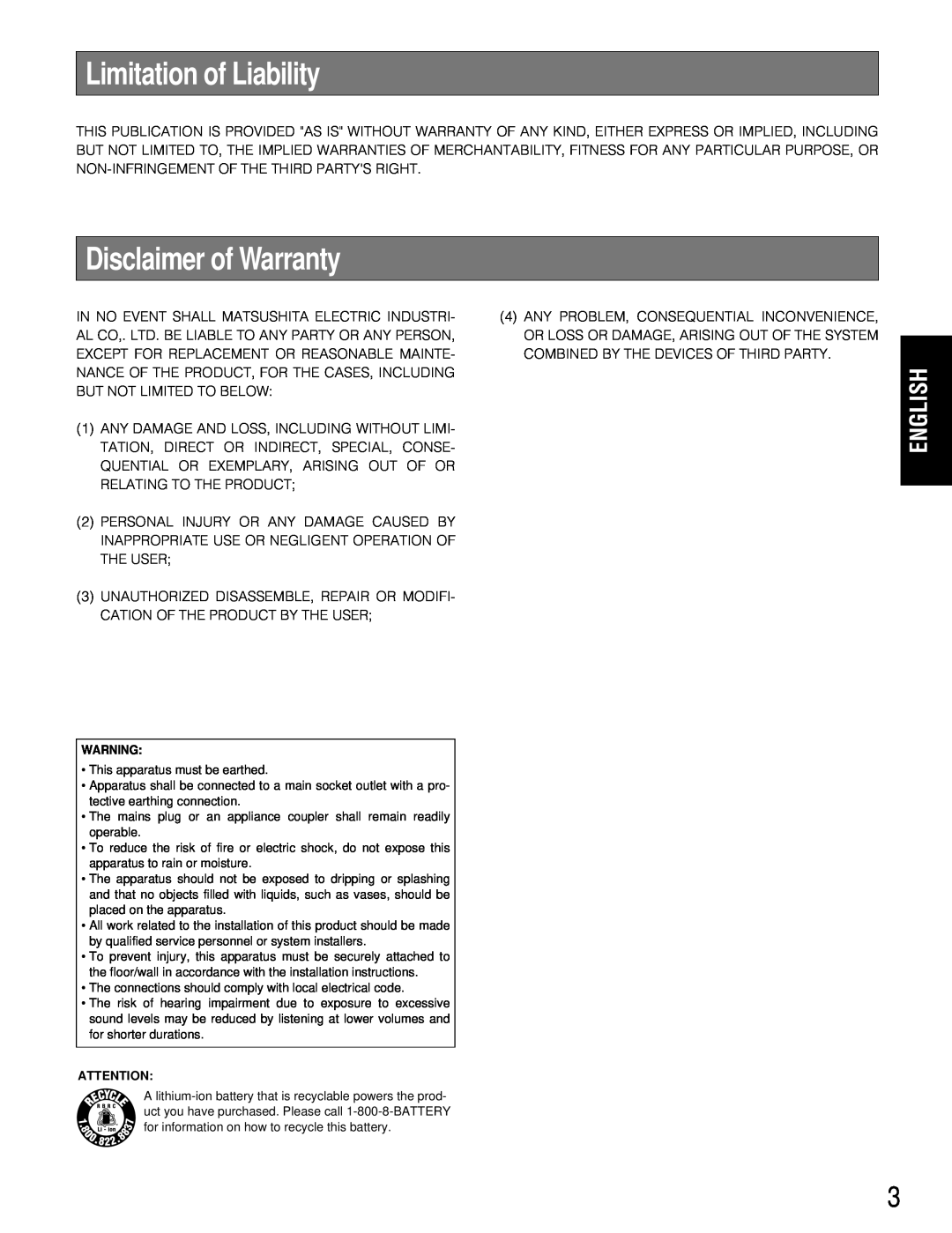 Technics WX-H3050 manual Limitation of Liability, Disclaimer of Warranty, English 