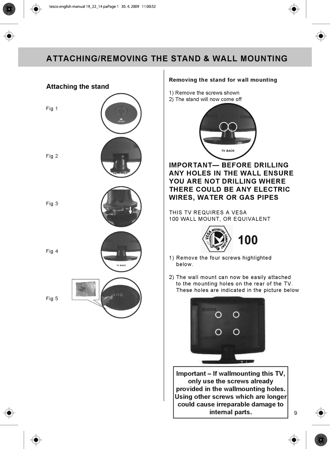 Technika 19-208W, 22-208W manual ATTACHING/REMOVING the Stand & Wall Mounting, Removing the stand for wall mounting 