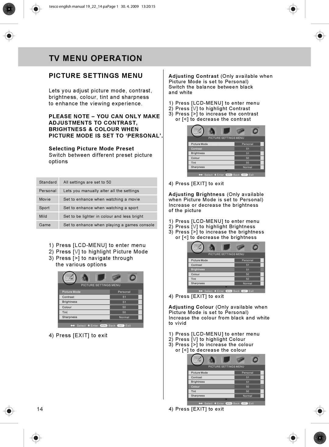 Technika 19-208W, 22-208W manual TV Menu Operation, Picture Settings Menu 