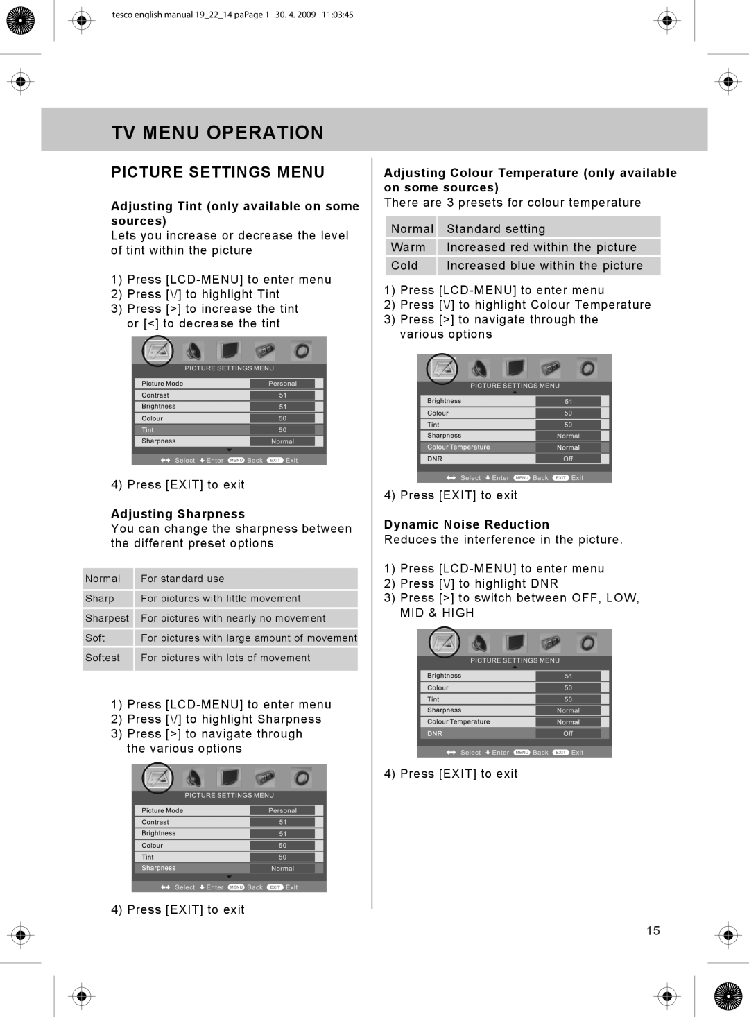 Technika 22-208, 19-208W manual Adjusting Tint only available on some sources, Adjusting Sharpness, Dynamic Noise Reduction 