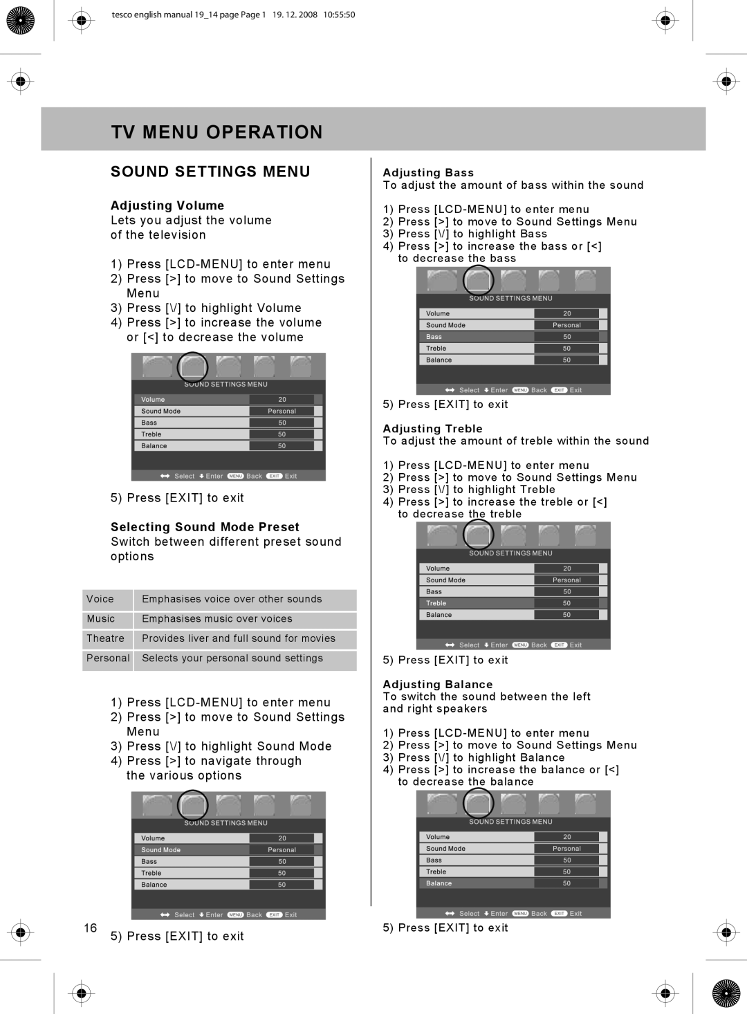 Technika 22-208W, 19-208W manual TV Menu Operation 