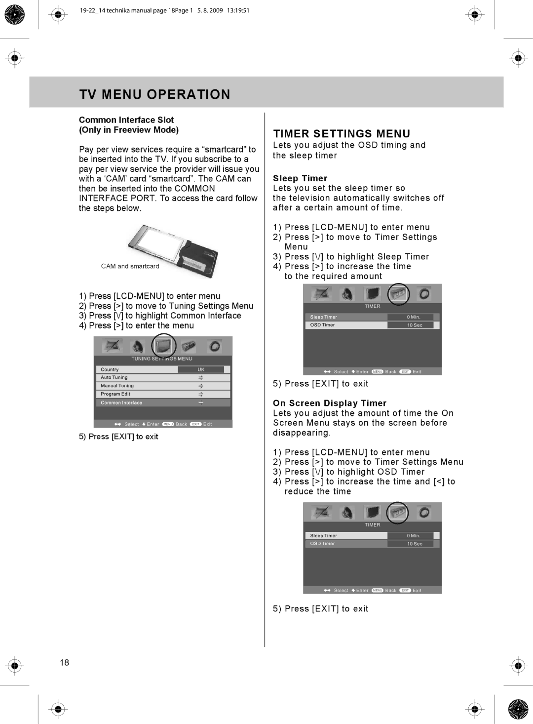 Technika 19-208W Timer Settings Menu, Common Interface Slot Only in Freeview Mode, Sleep Timer, On Screen Display Timer 