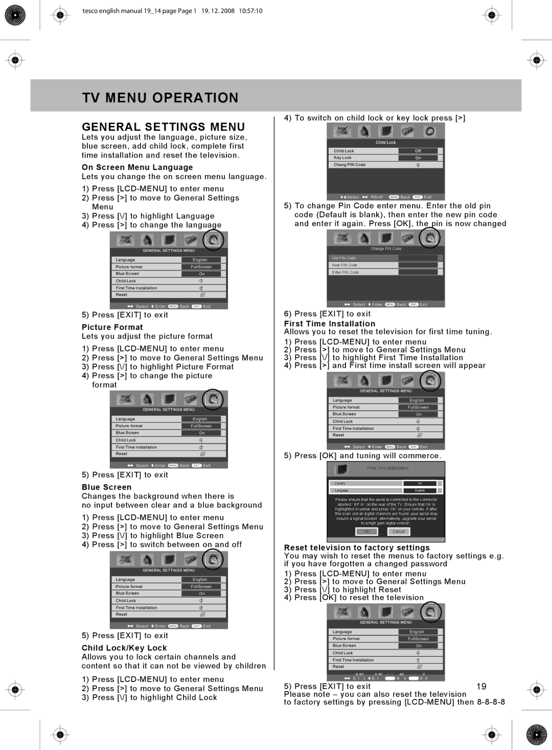 Technika 19-208W, 22-208W manual General Settings Menu 