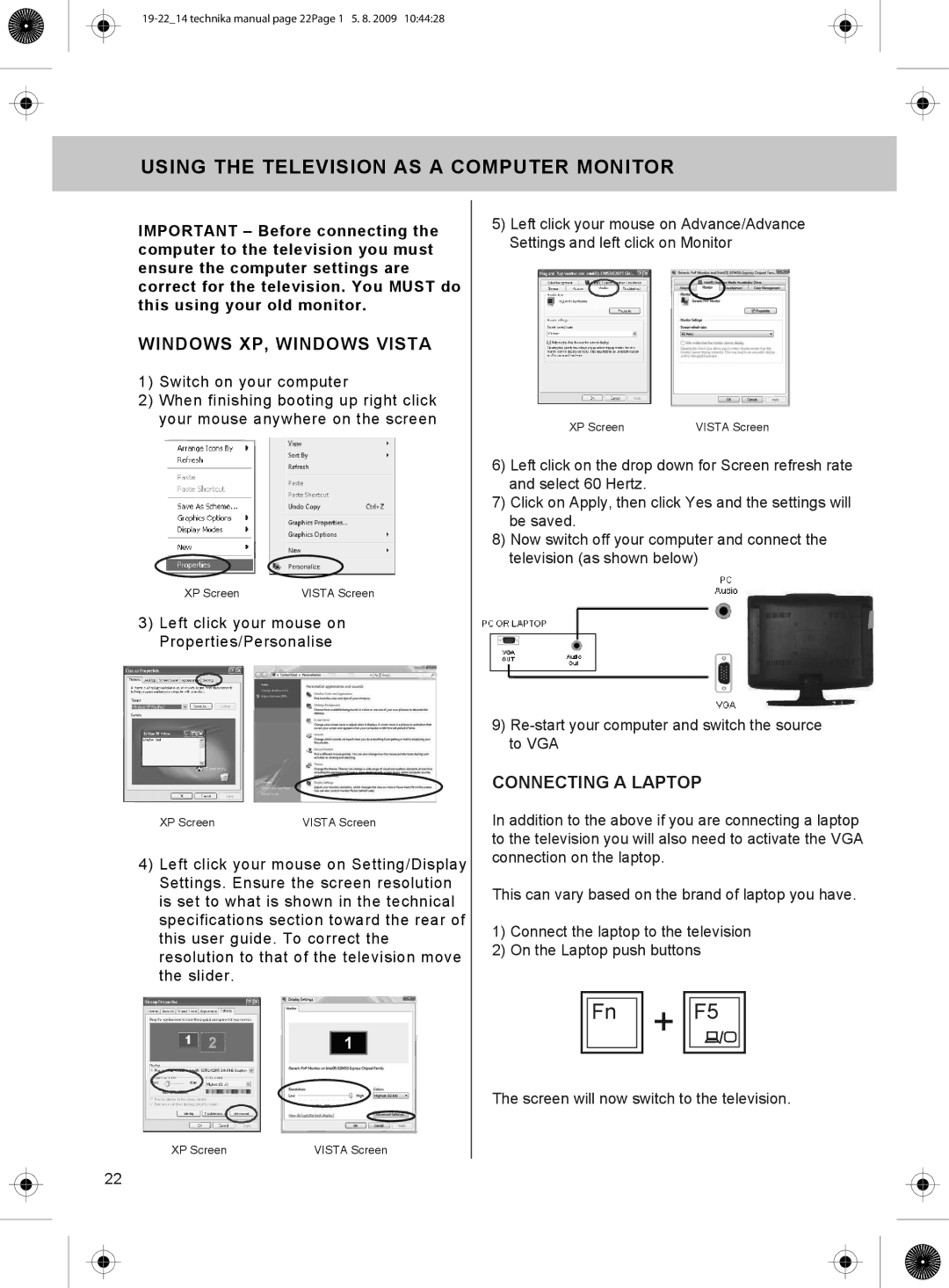 Technika 19-208W, 22-208W manual Using the Television AS a Computer Monitor, Windows XP, Windows Vista 