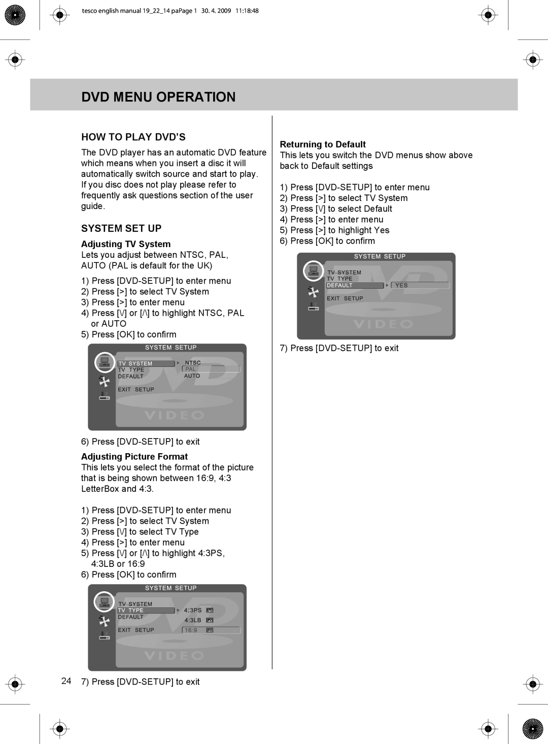 Technika 22-208W, 19-208W manual DVD Menu Operation, Adjusting TV System, Adjusting Picture Format, Returning to Default 